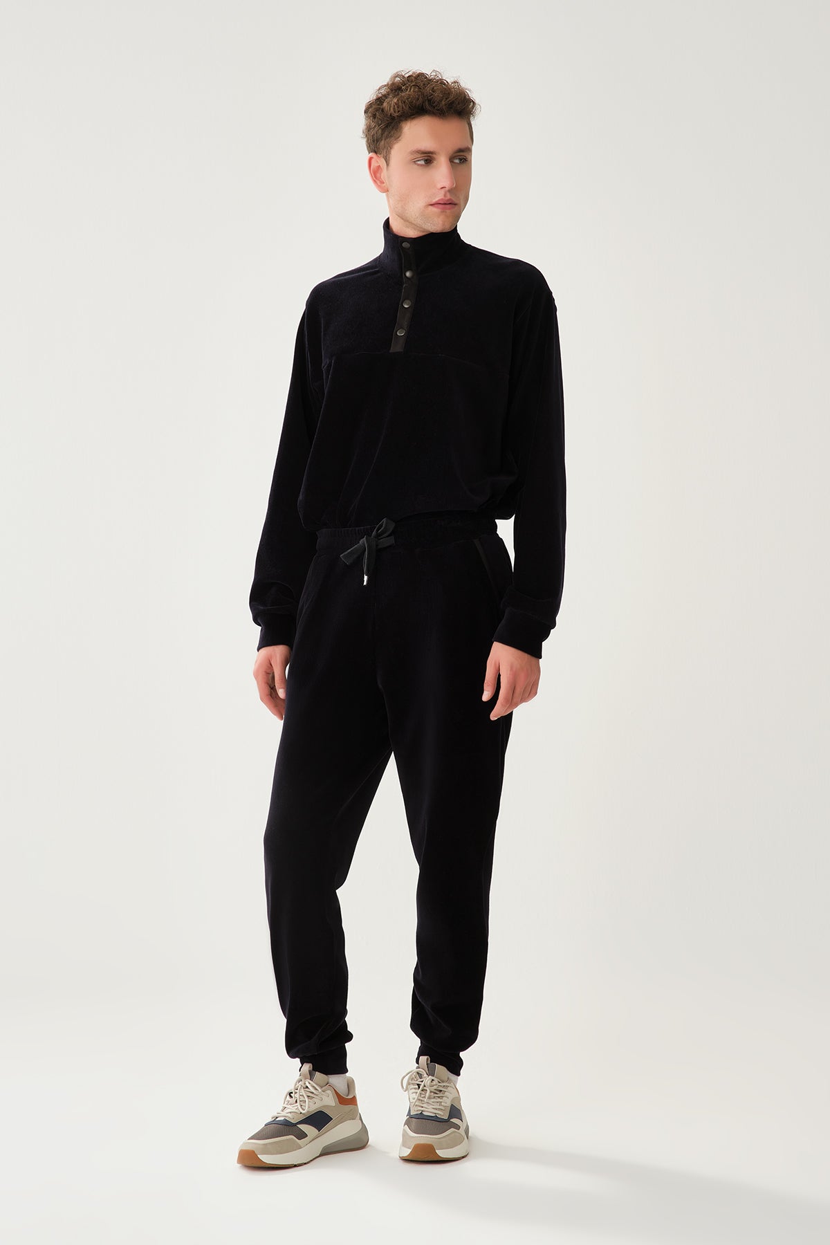 Lacivert Düğmeli Dik Yaka Ribanalı Sweatshirt