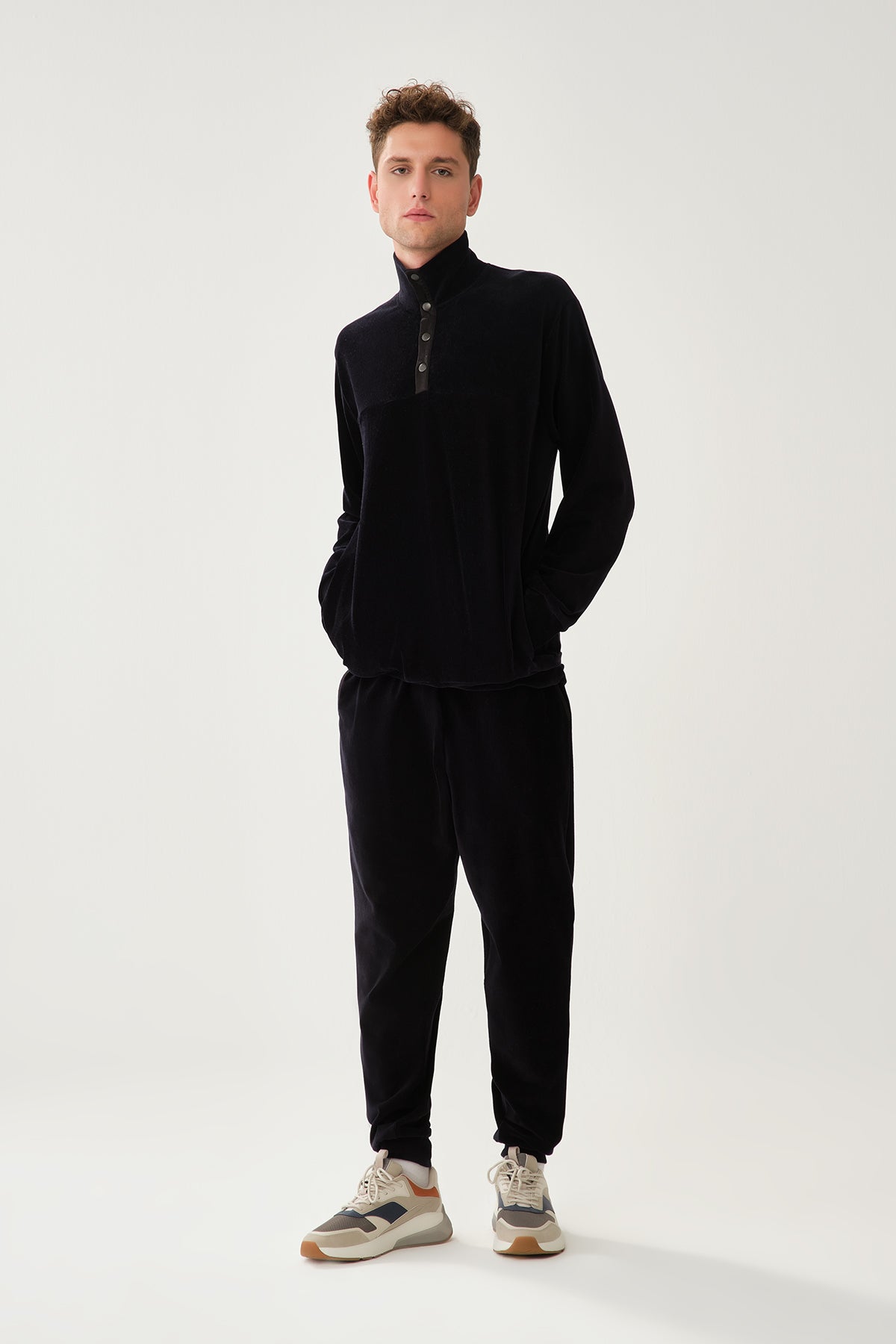 Lacivert Düğmeli Dik Yaka Ribanalı Sweatshirt