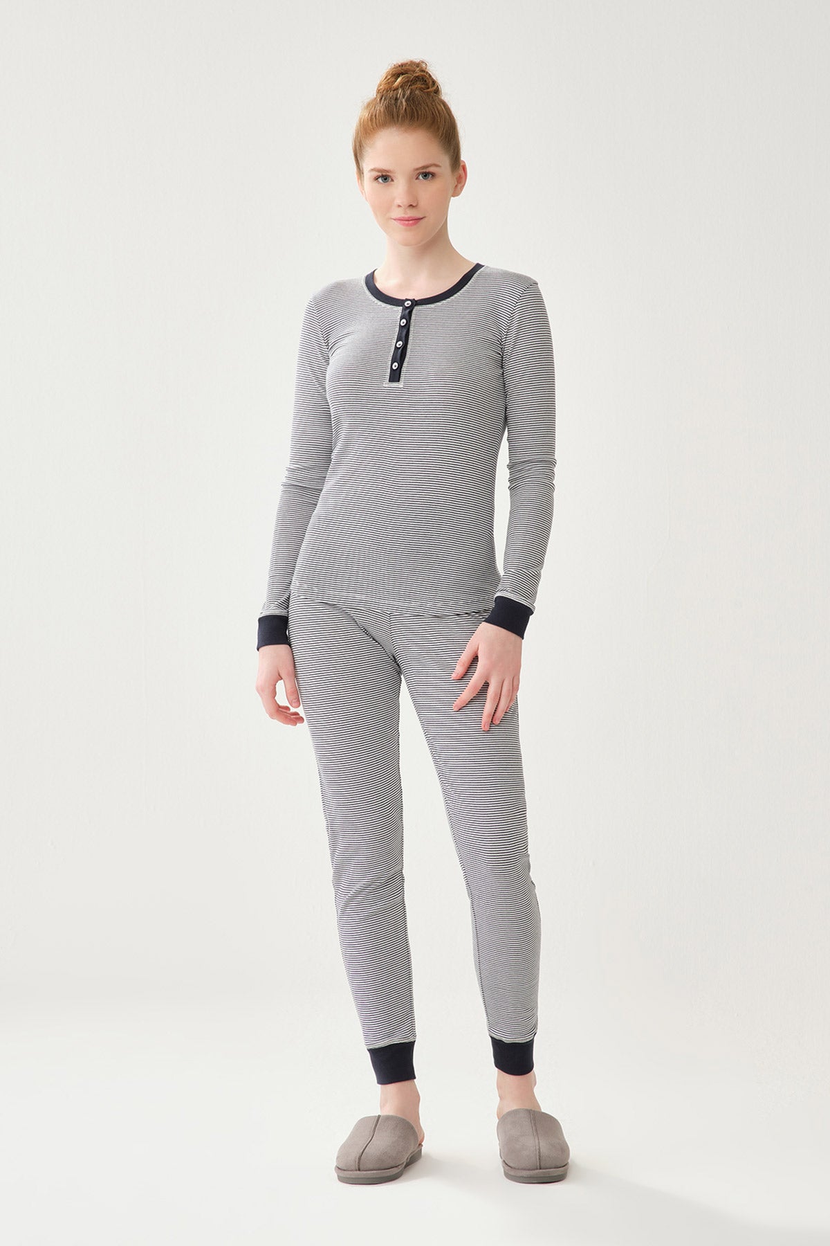 Lacivert Düğme Yaka Pamuklu Pijama Üstü