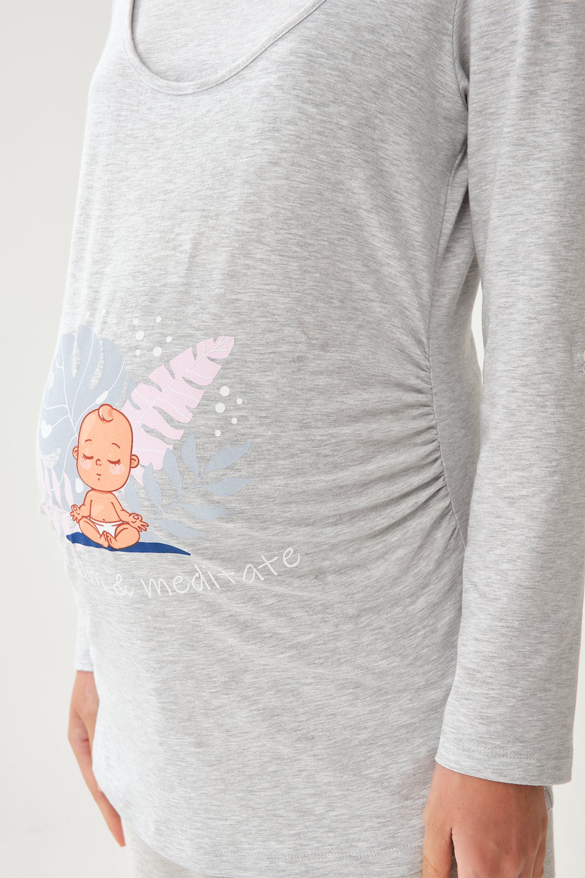 Gri Melanj Geniş Yaka Uzun Kol Hamile T-Shirt