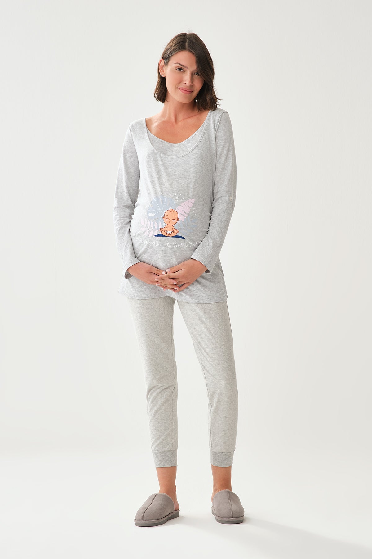 Gri Melanj Geniş Yaka Uzun Kol Hamile T-Shirt