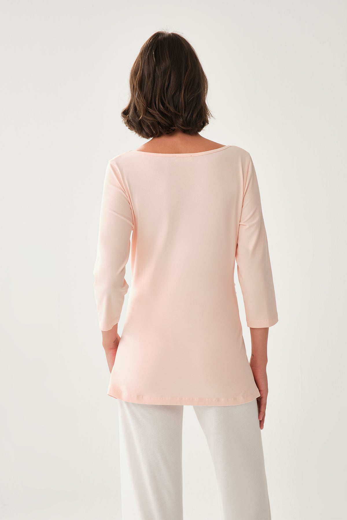 Pembe Kayık Yaka Uzun Kol Hamile Pamuk T-Shirt