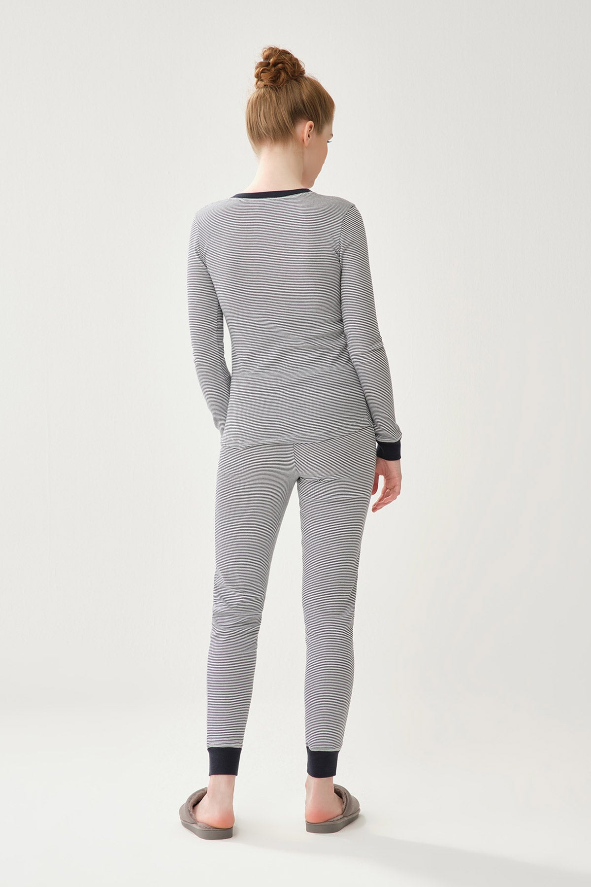 Lacivert Çizgi Desenli Pamuklu Pijama Altı