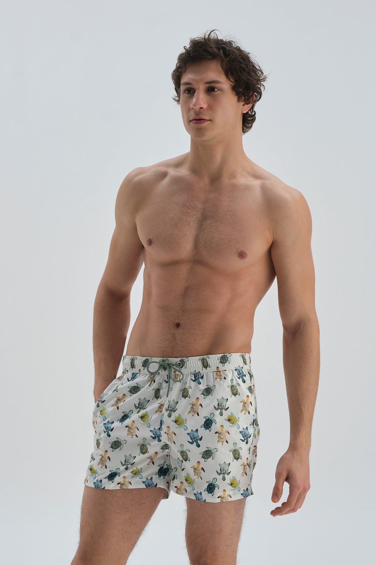 Ekru Micro Kısa Caretta Desenli Deniz Şortu