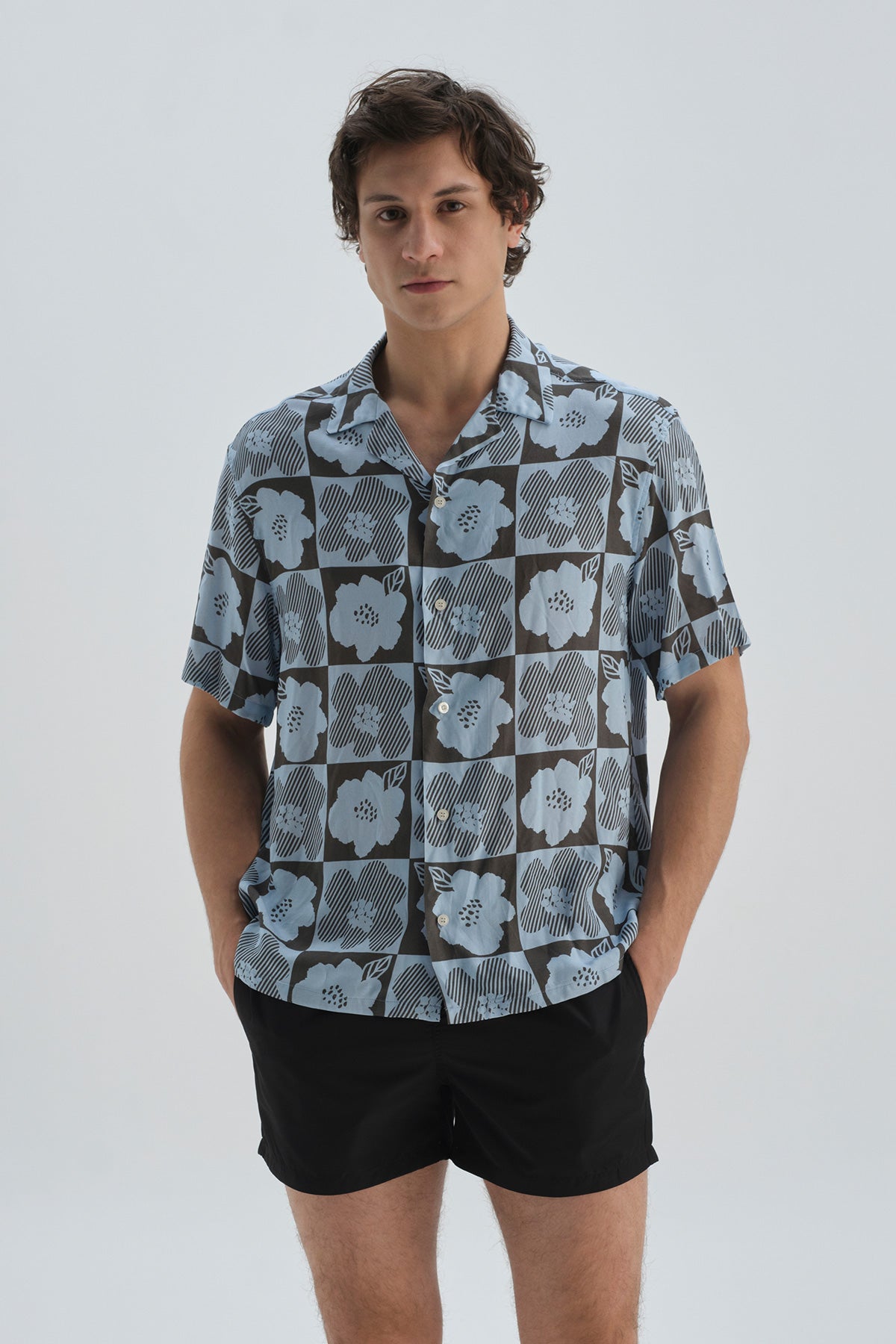 Antrasit-Mavi Desenli Kısa Kol Gömlek