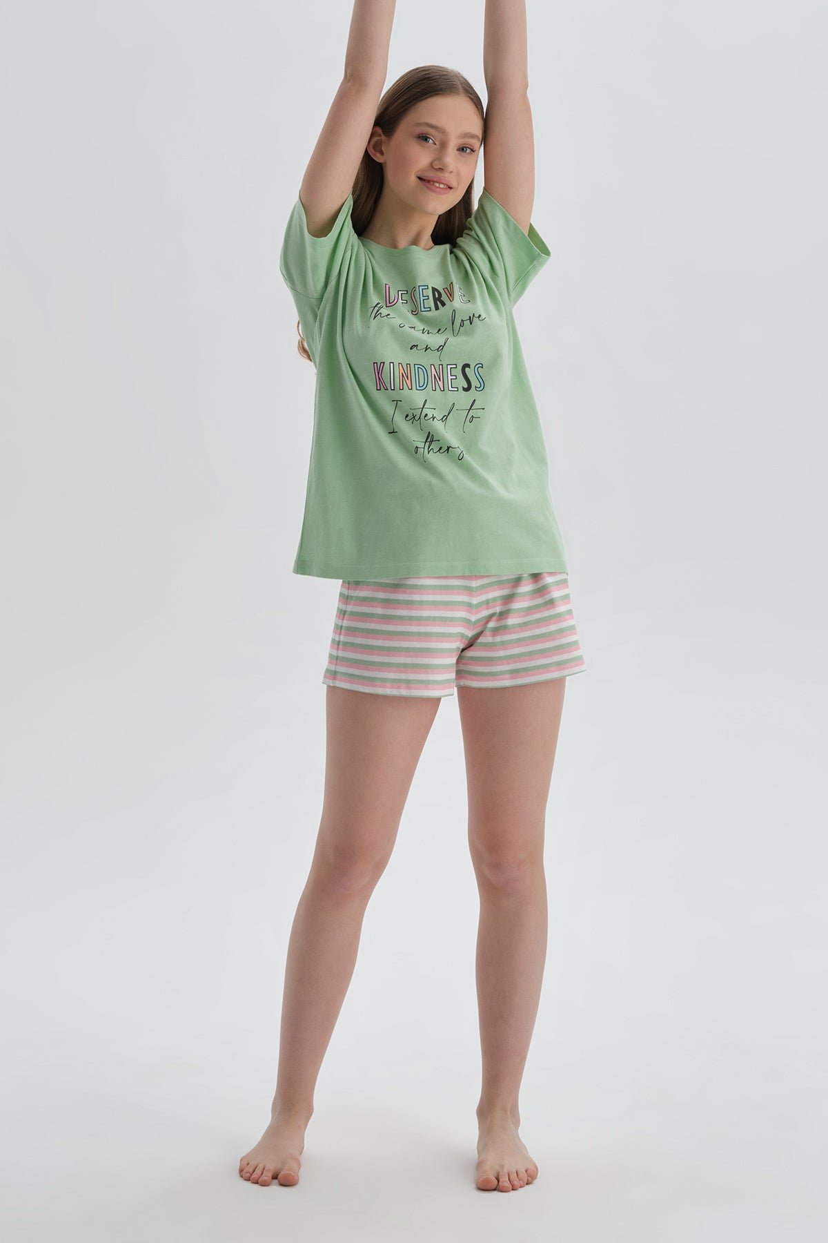 Yeşil Çizgili Modal Şortlu Pijama Takımı
