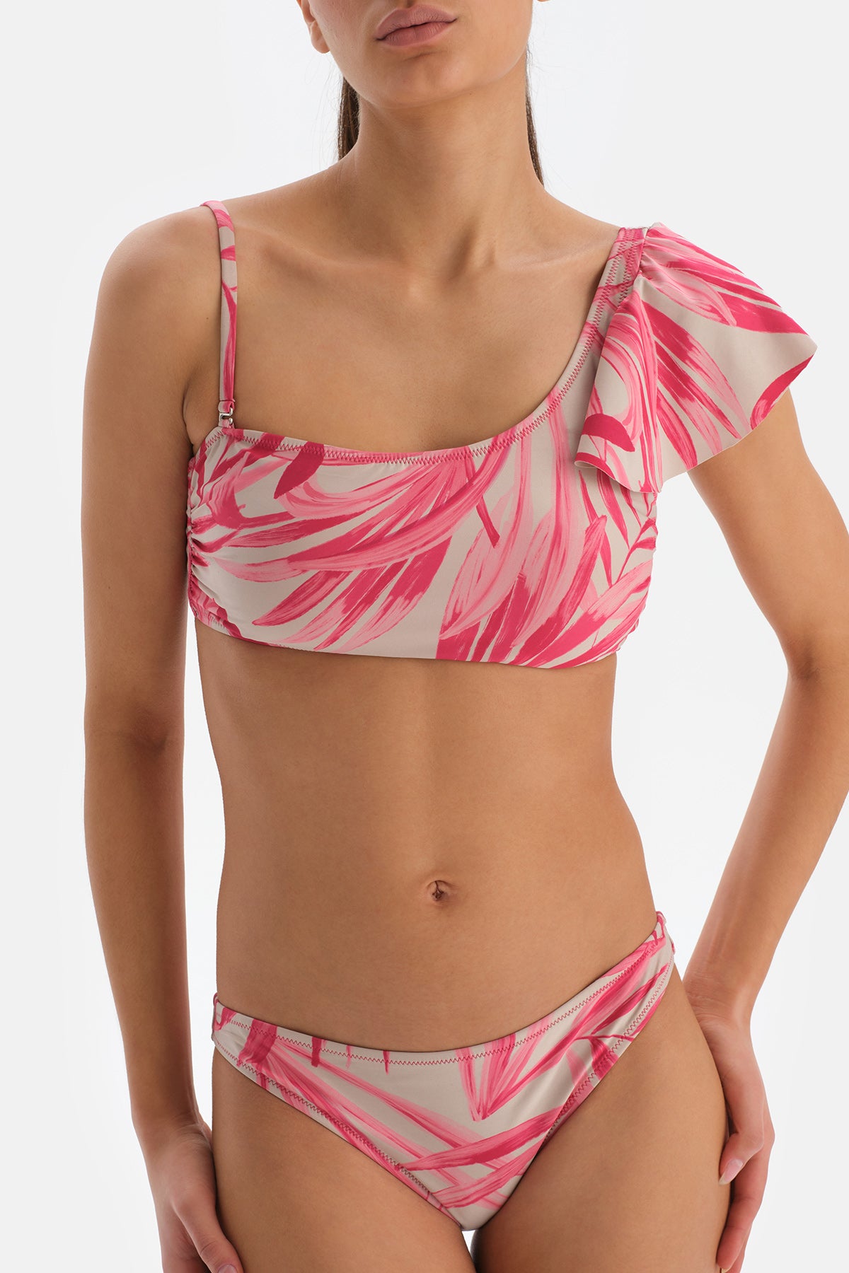 Fuşya - Gri Tek Omuz Volanlı Bikini Üstü