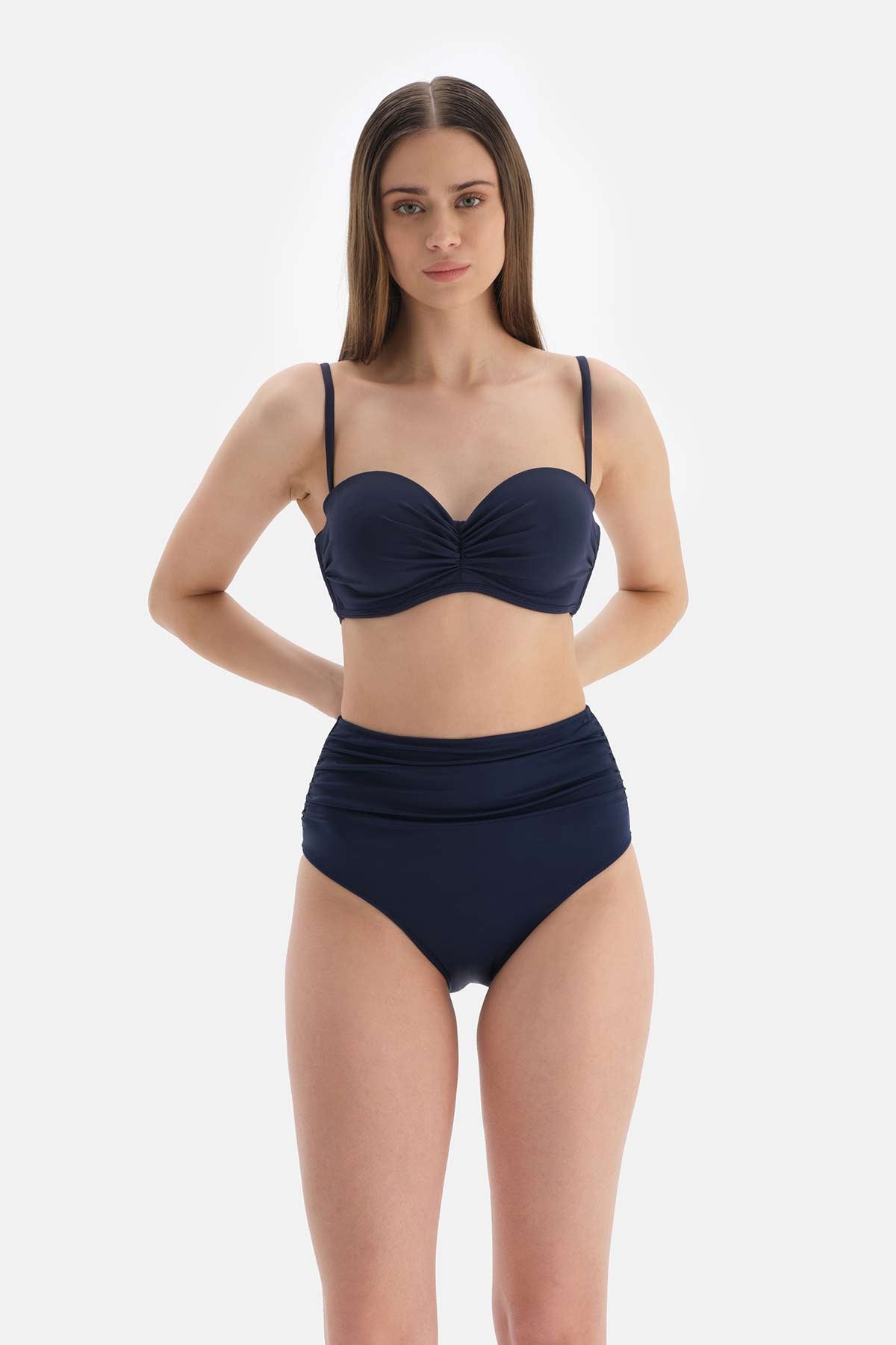 Lacivert Toparlayıcı Yüksek Bel Bikini Alt