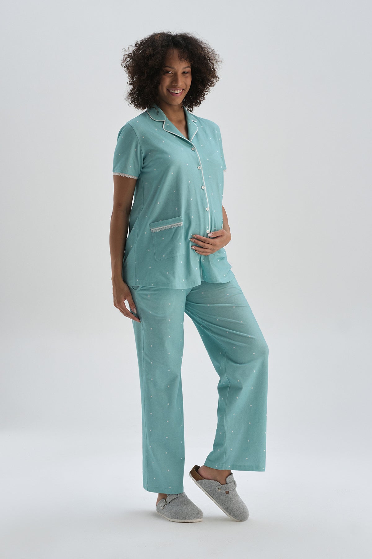 Mint Gömlek Yaka Pamuklu Hamile Pijama Üstü