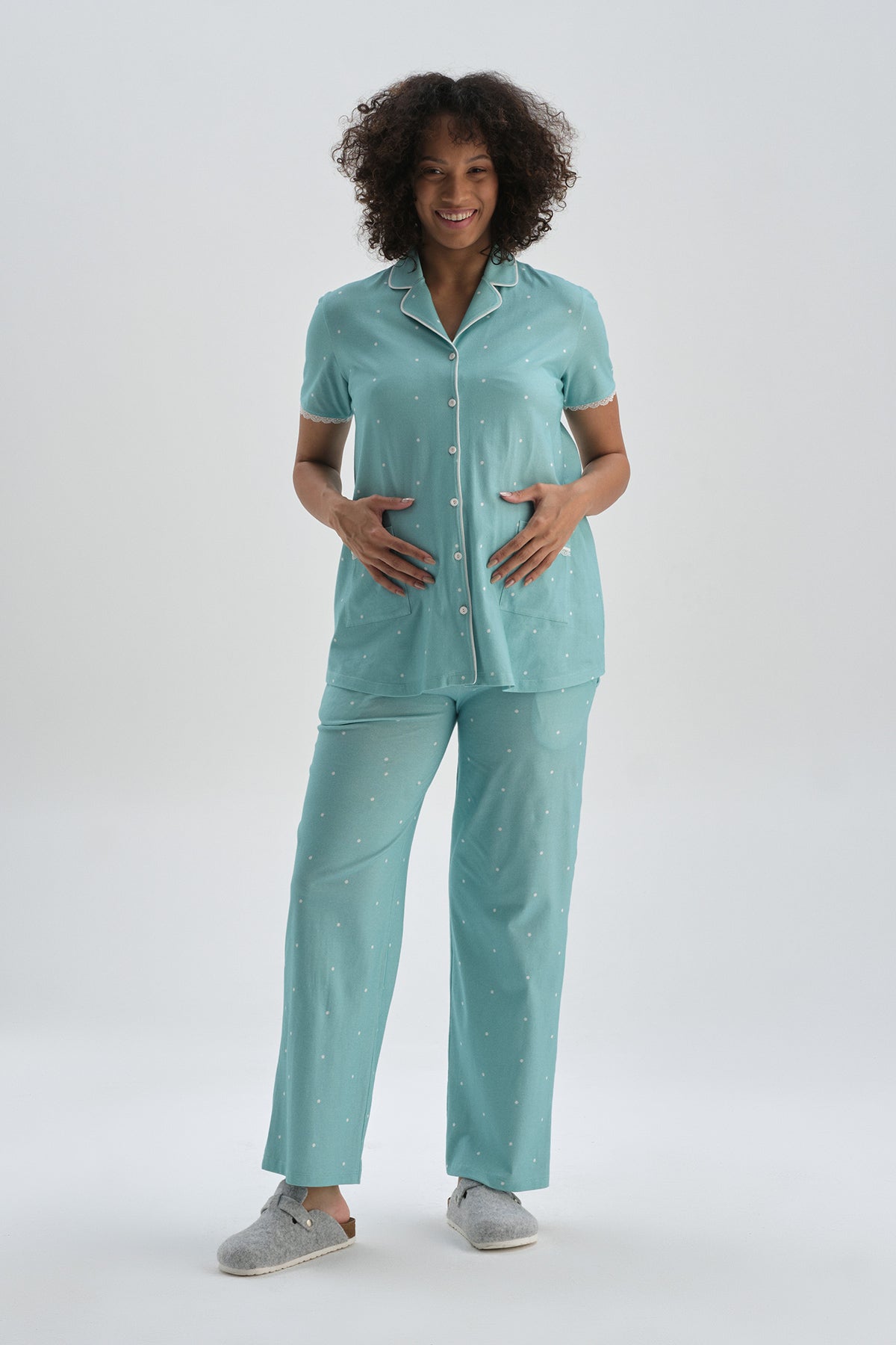Mint Gömlek Yaka Pamuklu Hamile Pijama Üstü