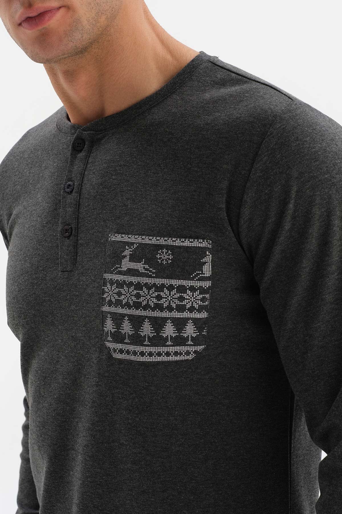 Antrasit Düğmeli Yaka Takma Cep Detaylı Pijama Takımı