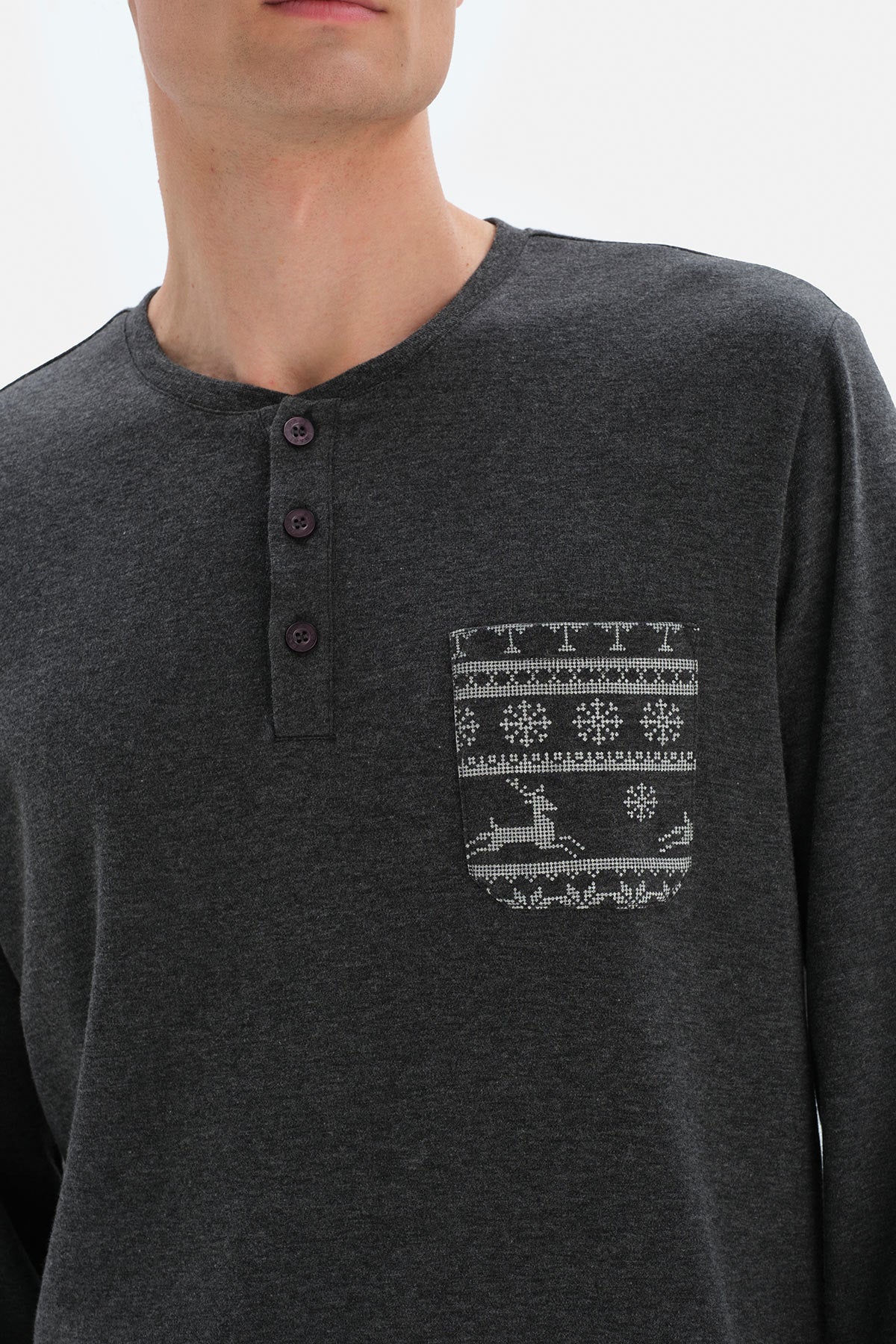 Antrasit Düğmeli Yaka Takma Cep Detaylı Pijama Takımı