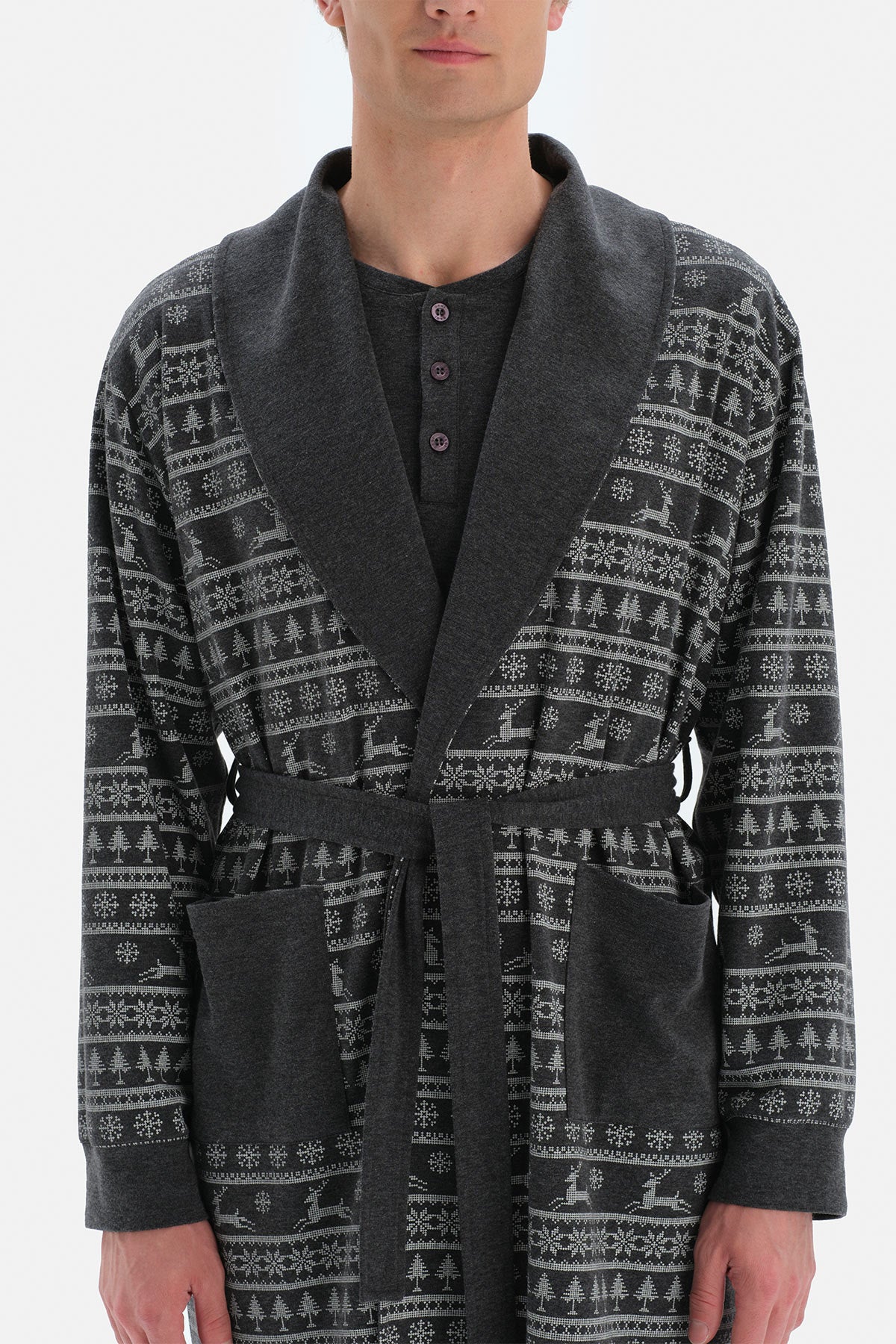 Antrasit Şal Yaka Metraj Baskılı Sabahlık