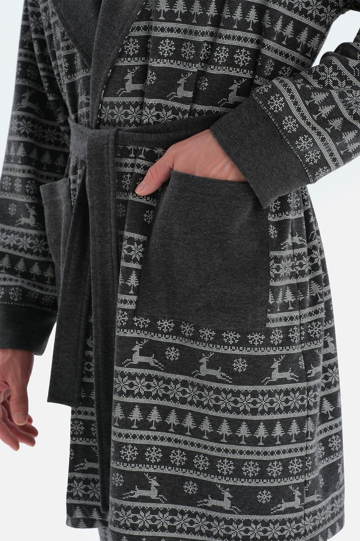 Antrasit Şal Yaka Metraj Baskılı Sabahlık