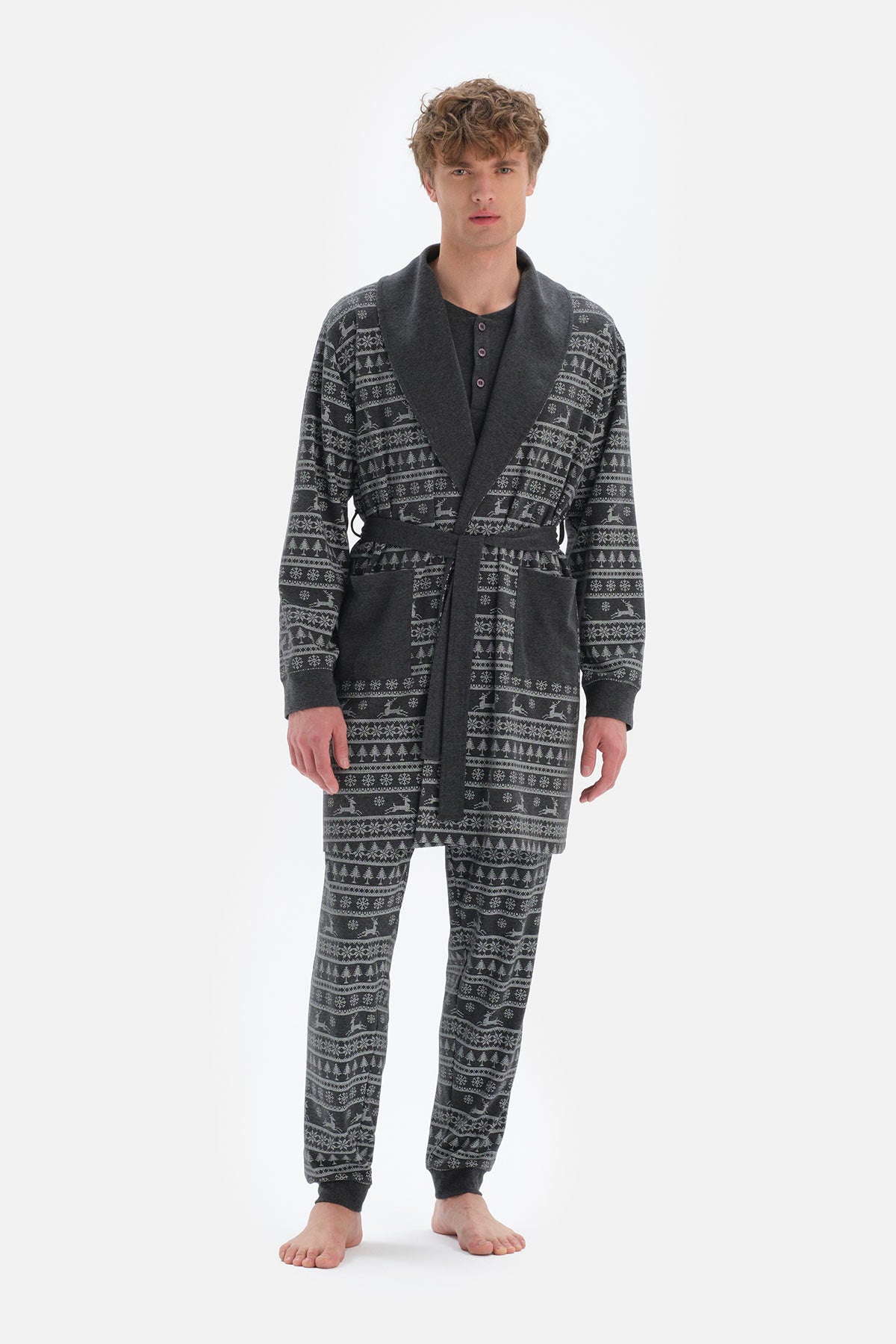 Antrasit Şal Yaka Metraj Baskılı Sabahlık