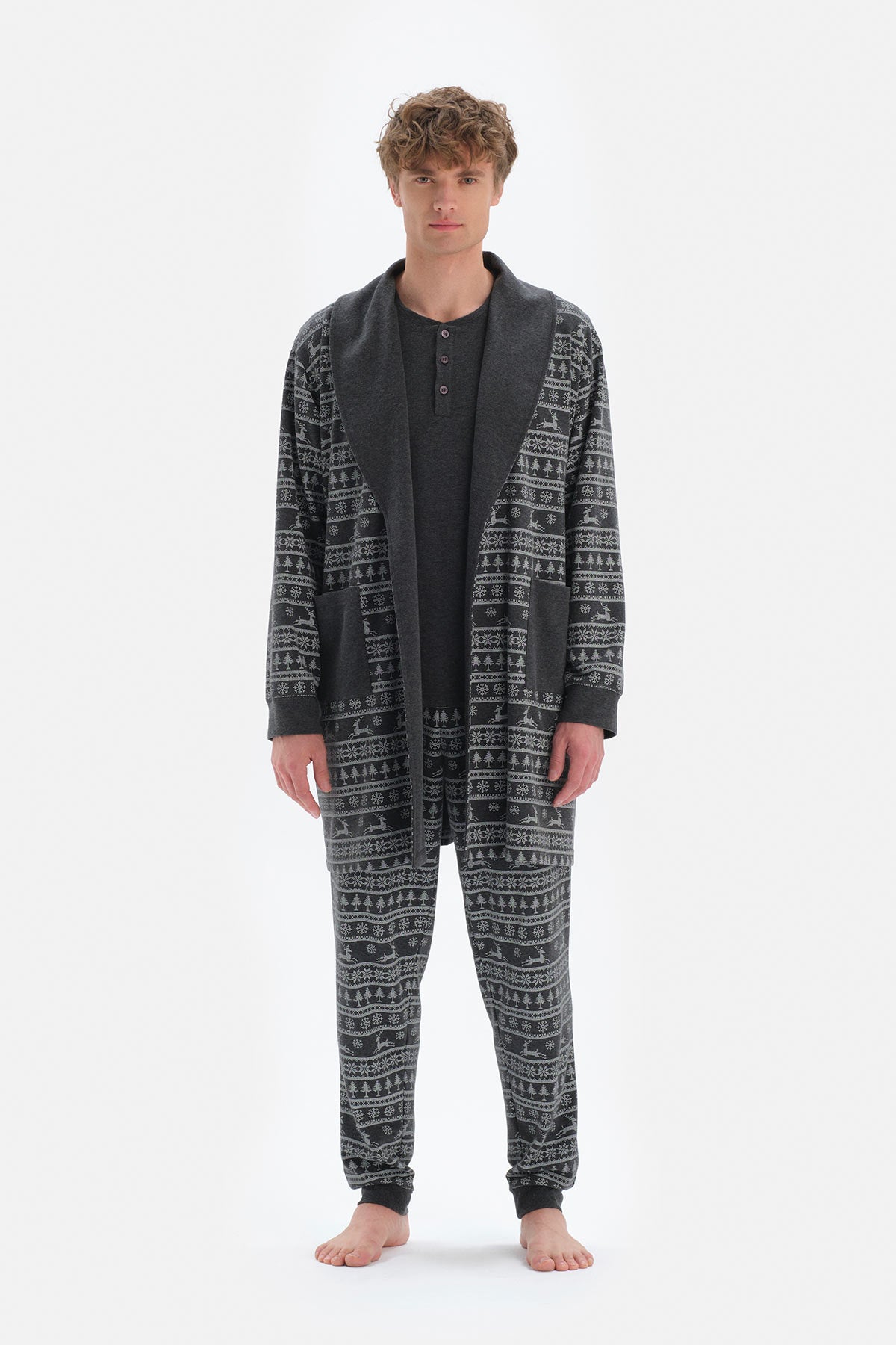 Antrasit Şal Yaka Metraj Baskılı Sabahlık