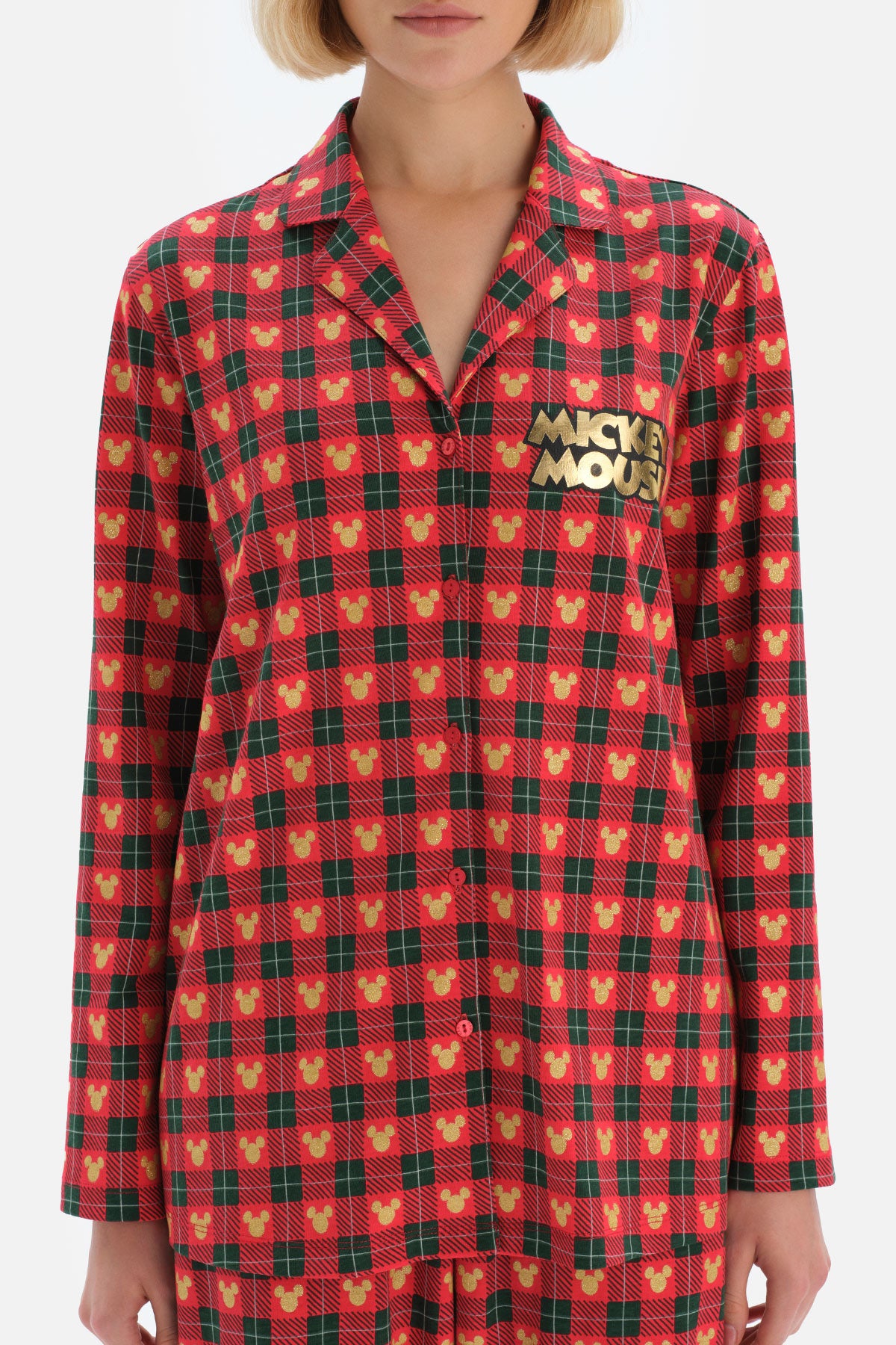 Kırmızı Gömlek Yaka Minnie Mouse Baskılı Lisanslı Pamuk Pijama Takımı