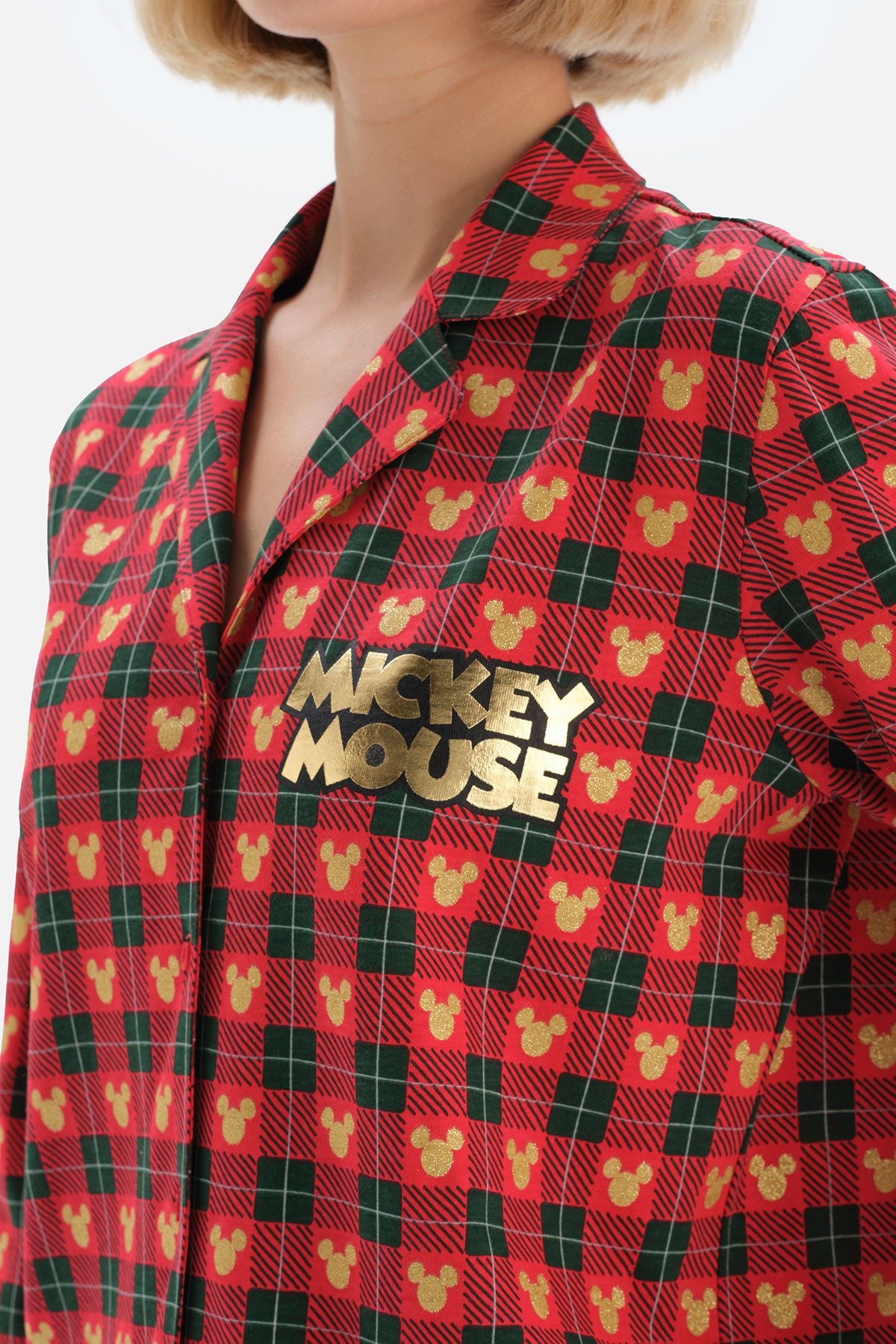 Kırmızı Gömlek Yaka Minnie Mouse Baskılı Lisanslı Pamuk Pijama Takımı