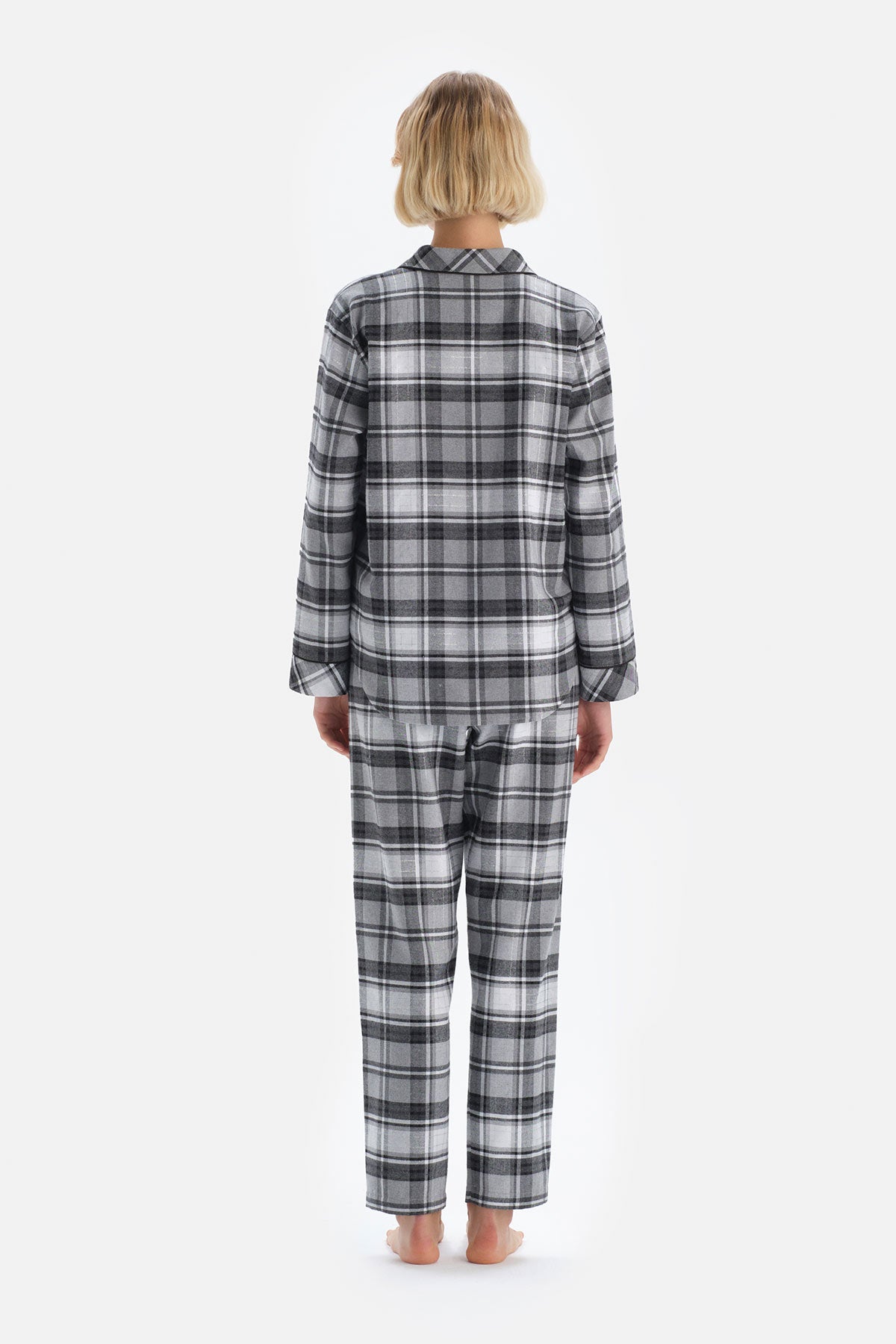 Gri Ekoseli Gömlek Yaka Pamuklu Pijama Takımı