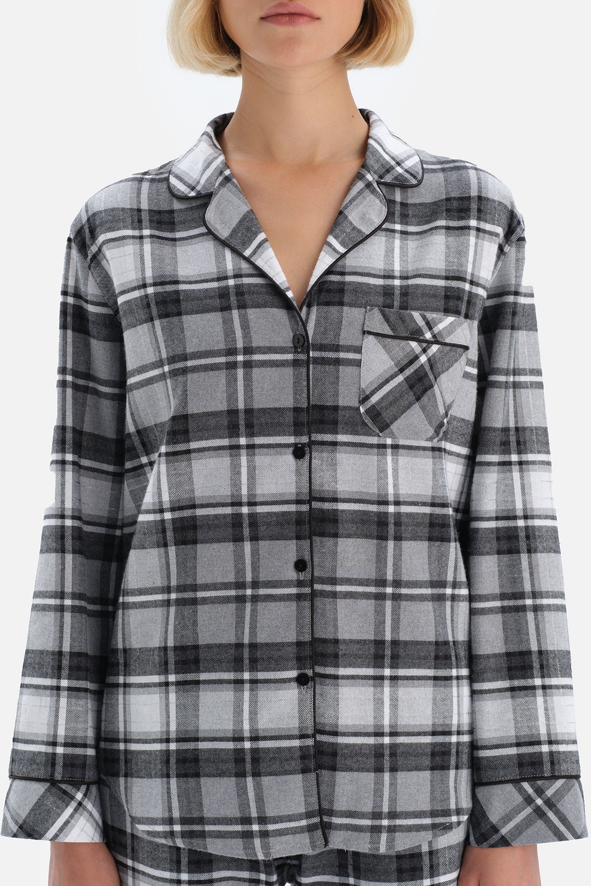 Gri Ekoseli Gömlek Yaka Pamuklu Pijama Takımı