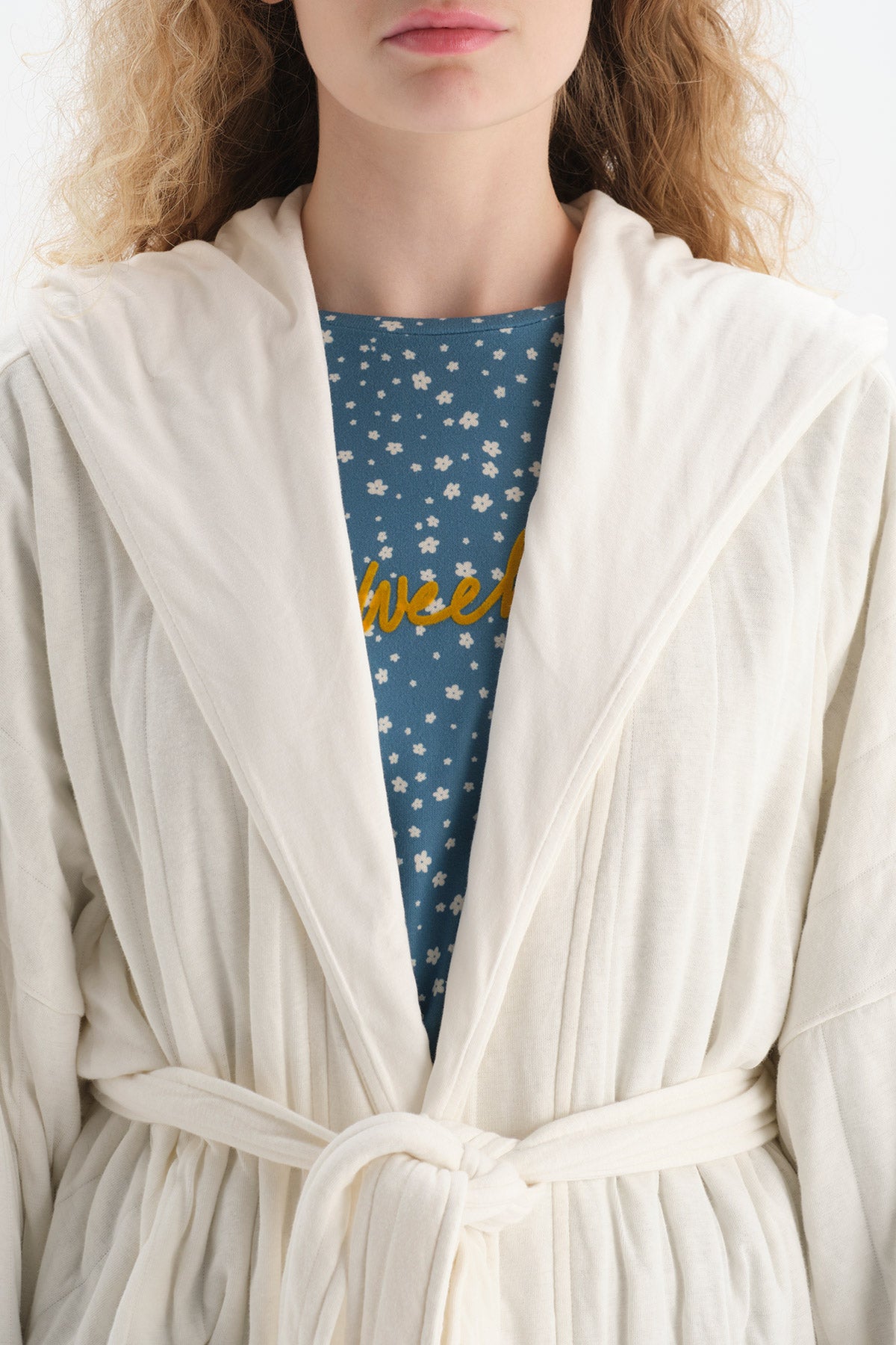 Ekru Şal Yaka Astarlı Pamuklu Sabahlık