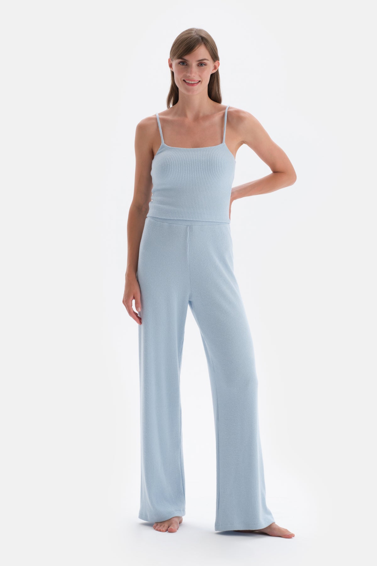 Mavi Bol Paça Kaşkorse Pantolon Pijama Altı