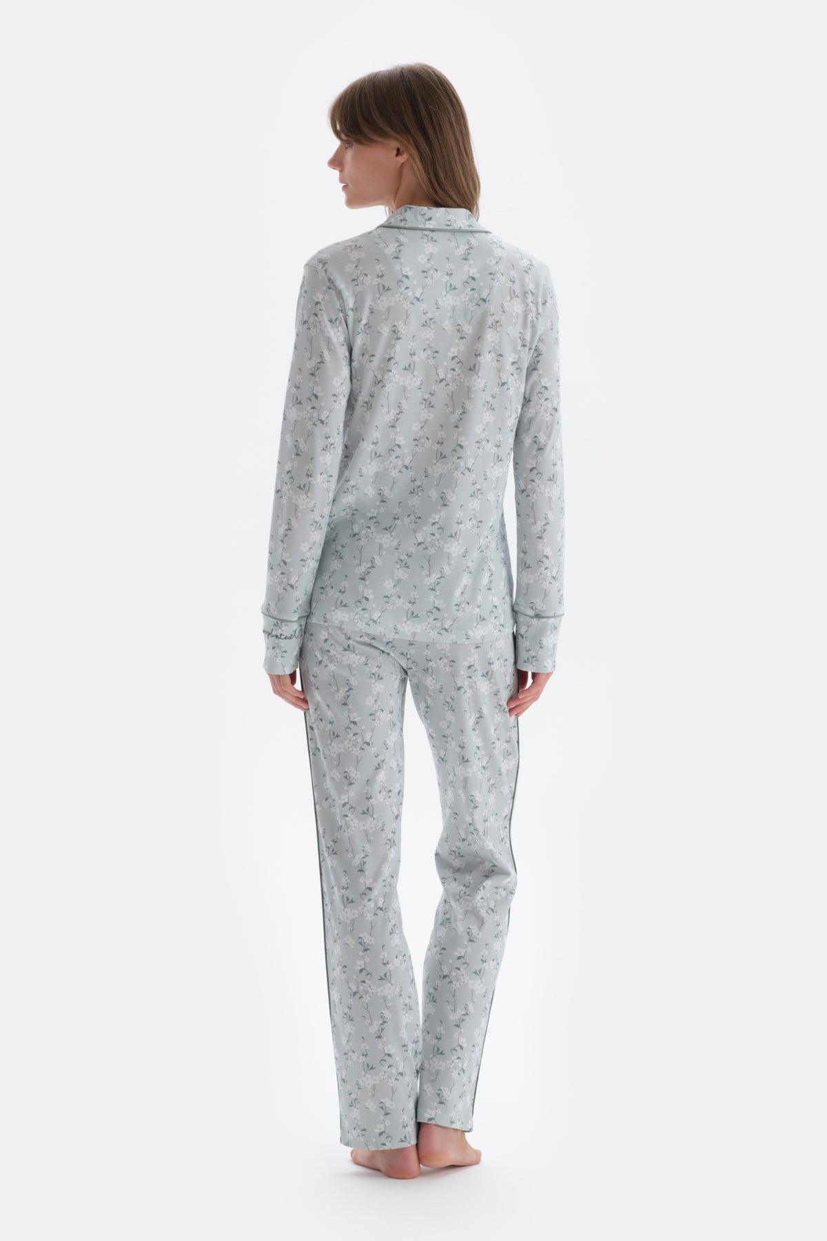 Turkuaz Gömlek Yaka Çiçek Desenli Örme Pijama Takımı