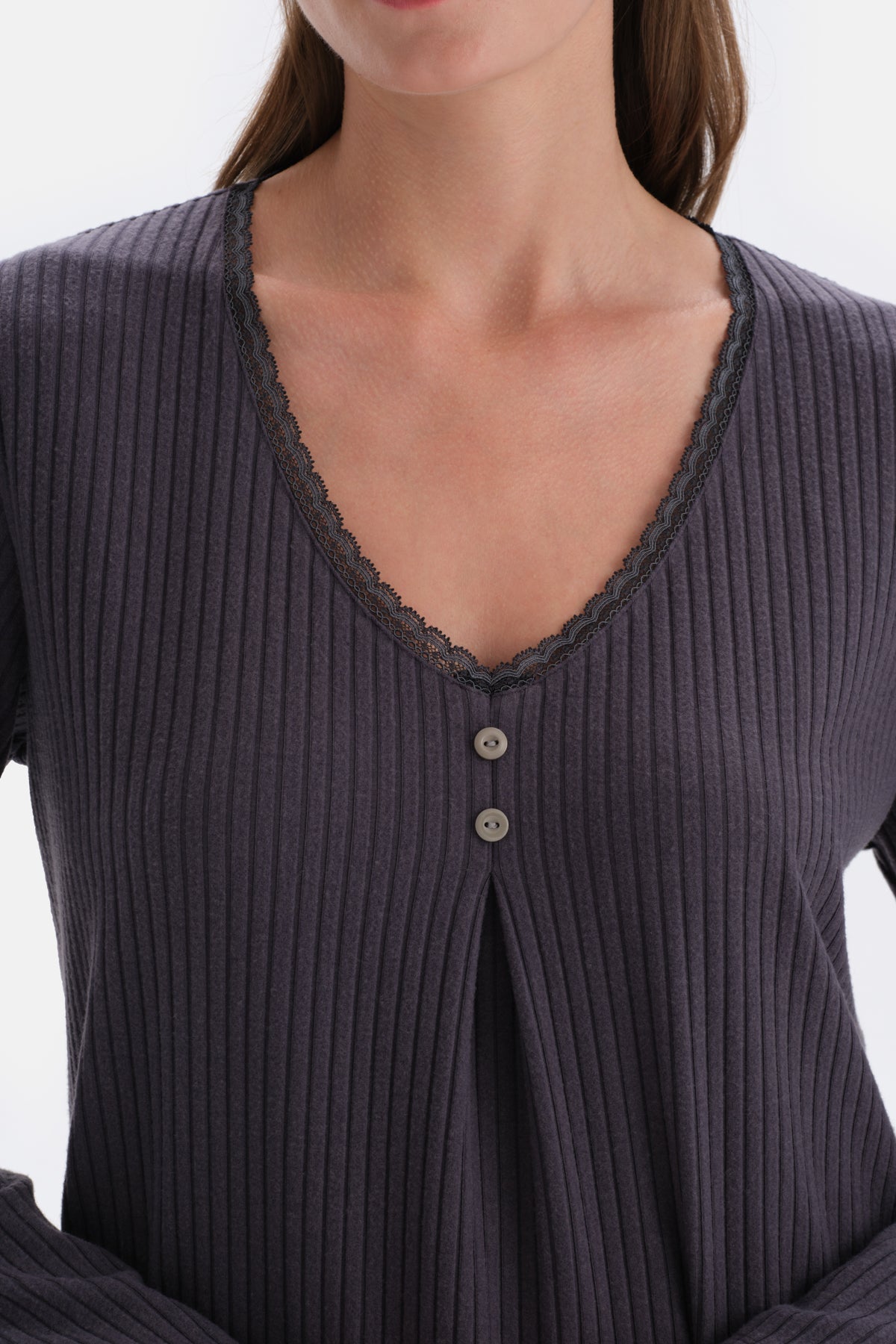 Antrasıt Dantel Detaylı Viskon Pijama Takımı