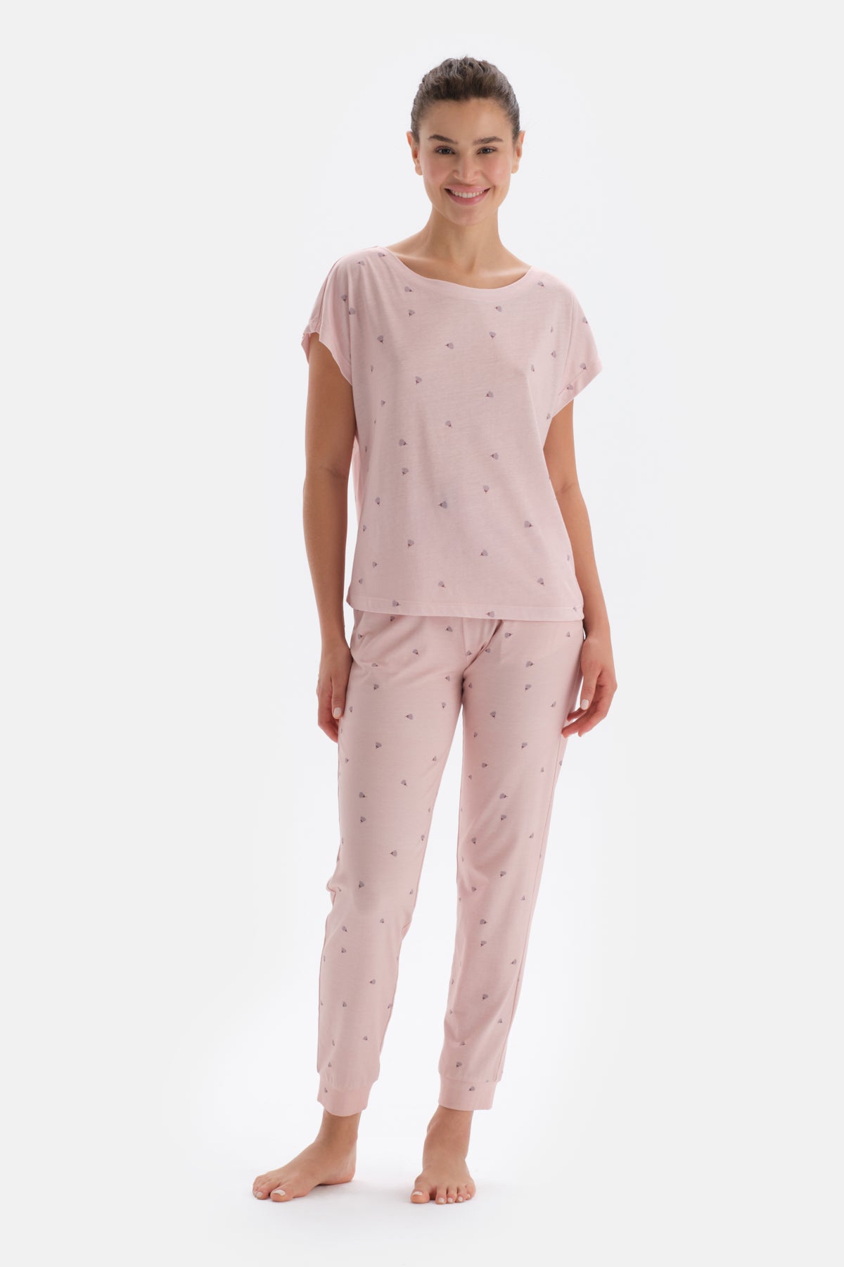 Açık Pembe Mıkroprınt Baskılı Örme Pijama Takımı