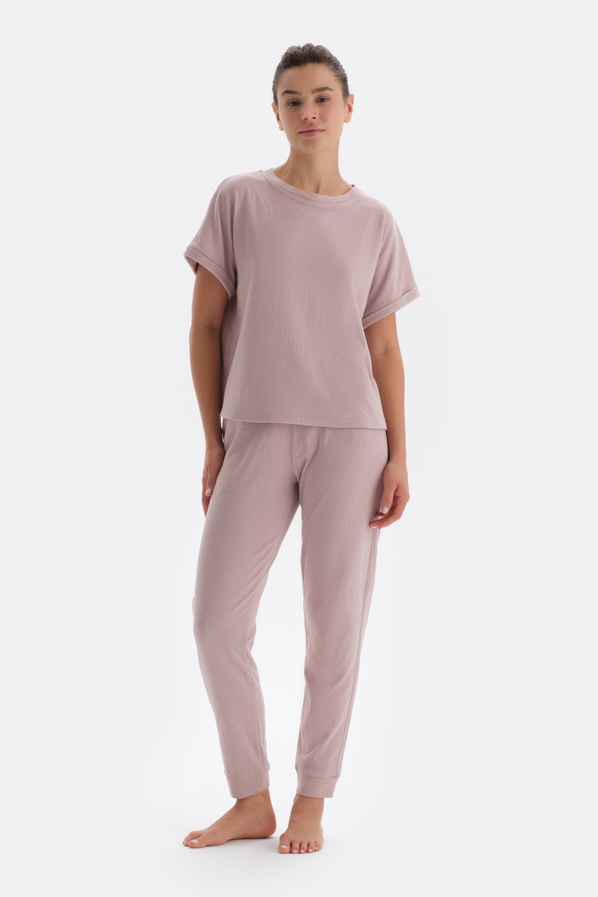 Light Pink SHORT SLEEVE OVERSIZED TOP JOGGER LOWER PAJAMAS SUIT