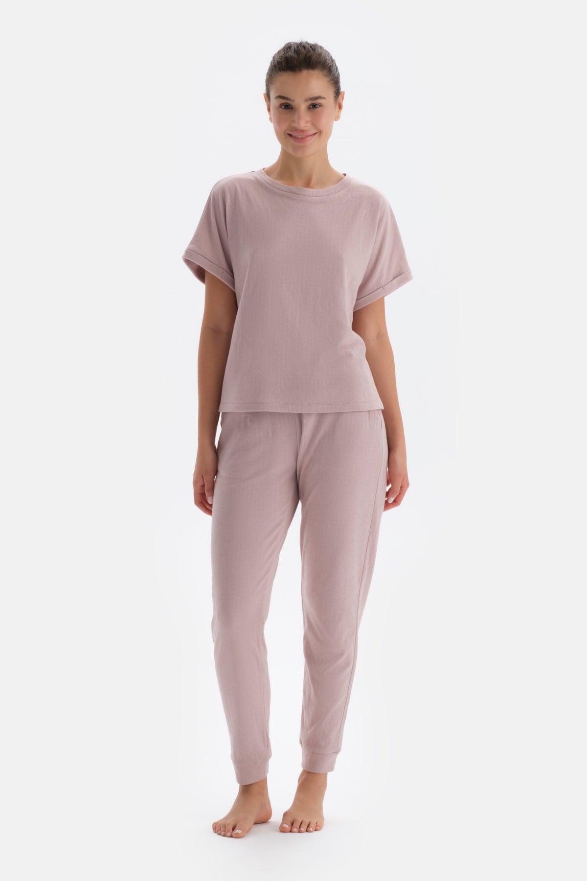 Light Pink SHORT SLEEVE OVERSIZED TOP JOGGER LOWER PAJAMAS SUIT