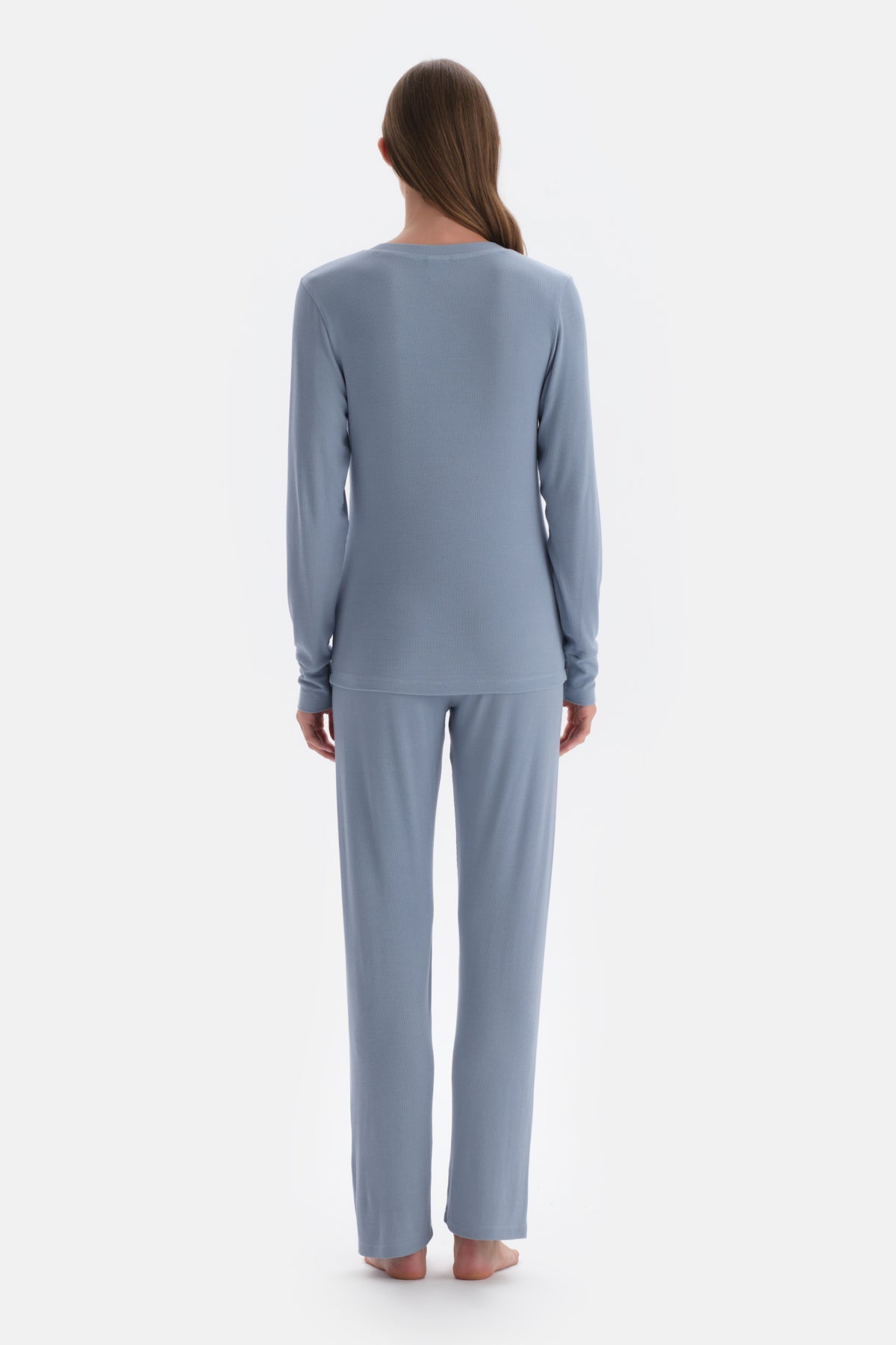 Blue RIBBED VISCOSE KNITTED PAJAMAS SET