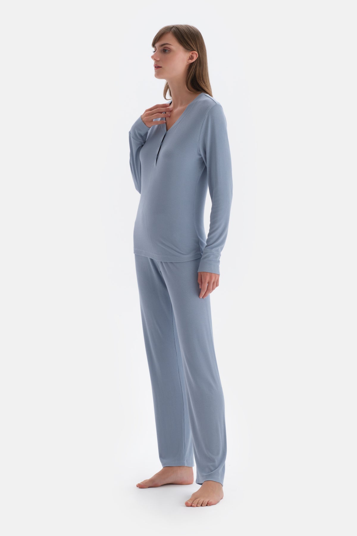 Blue RIBBED VISCOSE KNITTED PAJAMAS SET