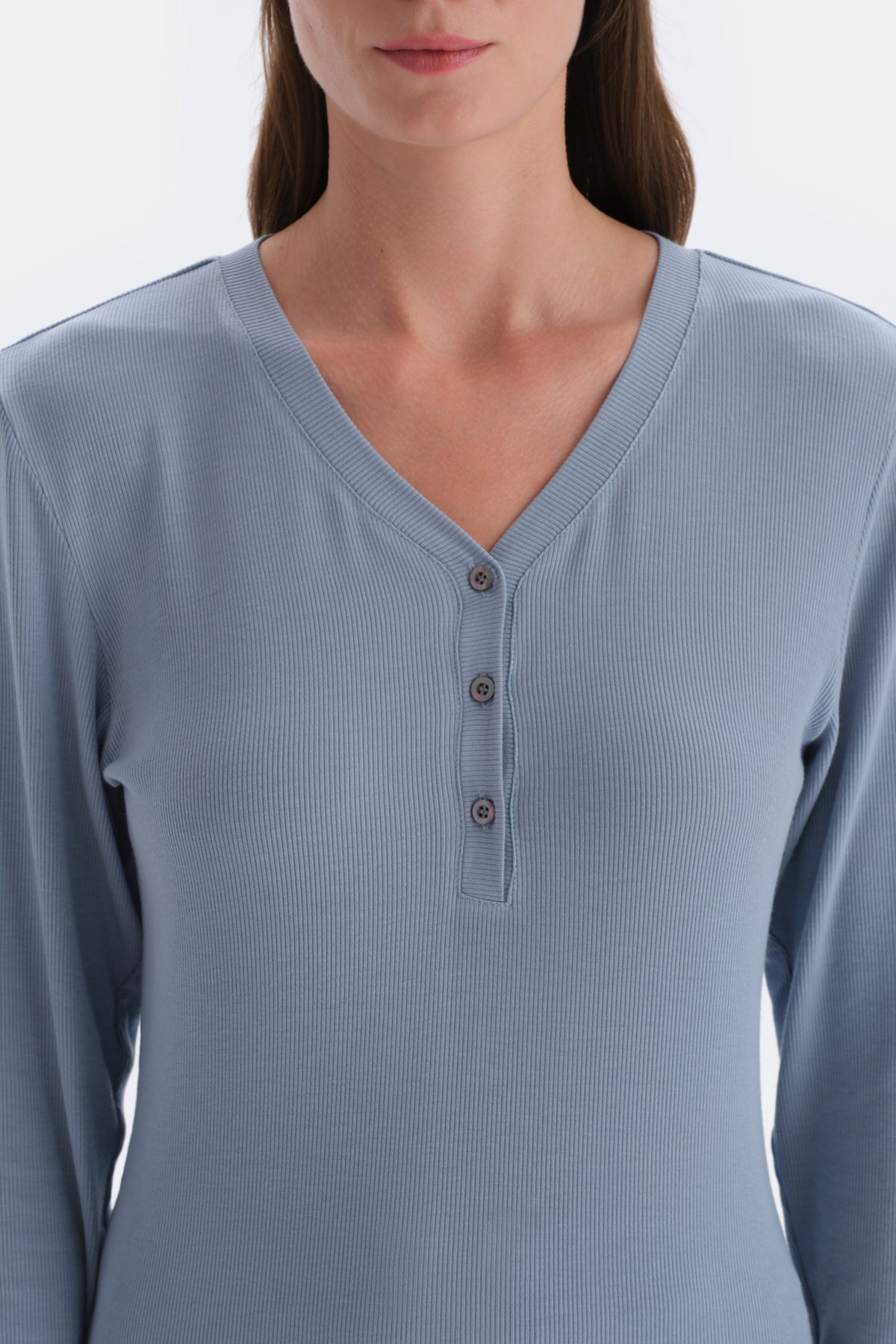 Blue RIBBED VISCOSE KNITTED PAJAMAS SET