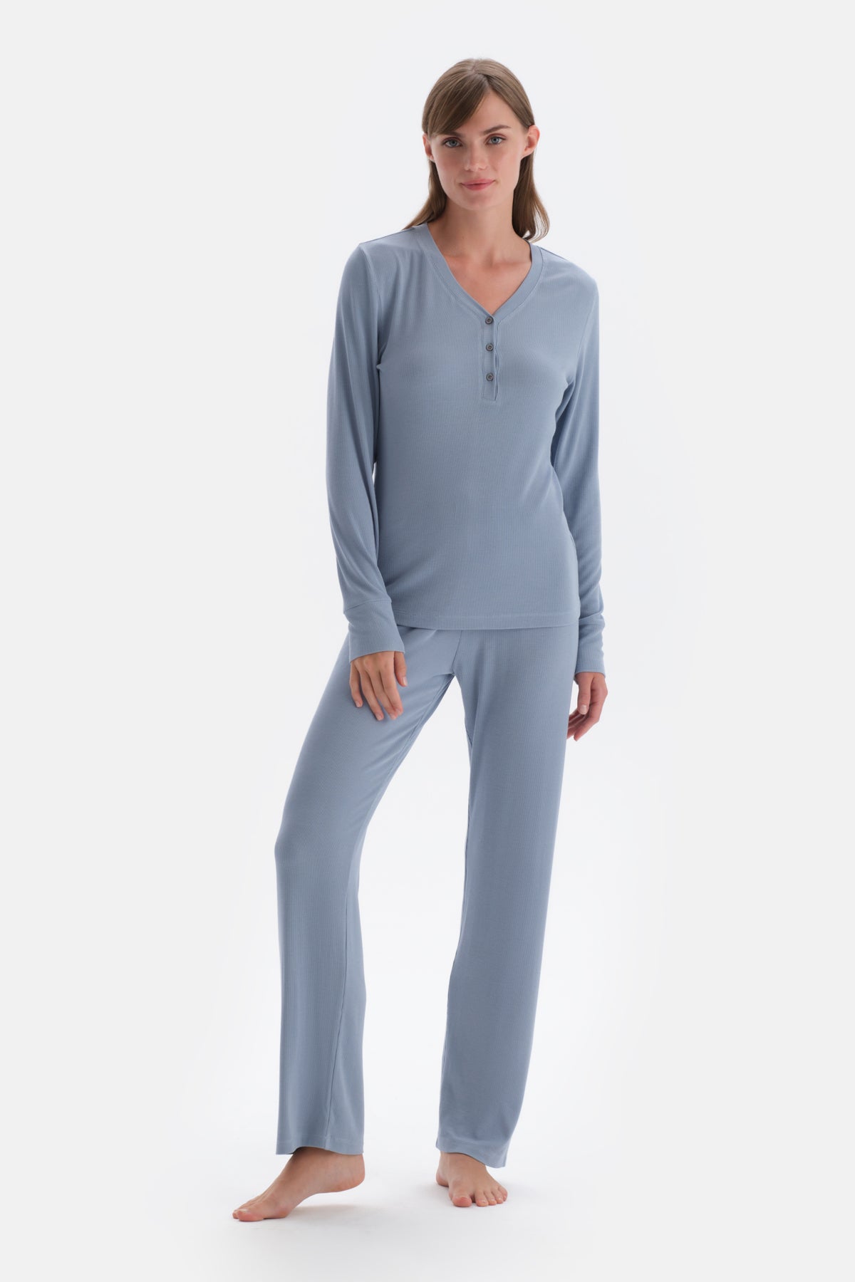 Blue RIBBED VISCOSE KNITTED PAJAMAS SET