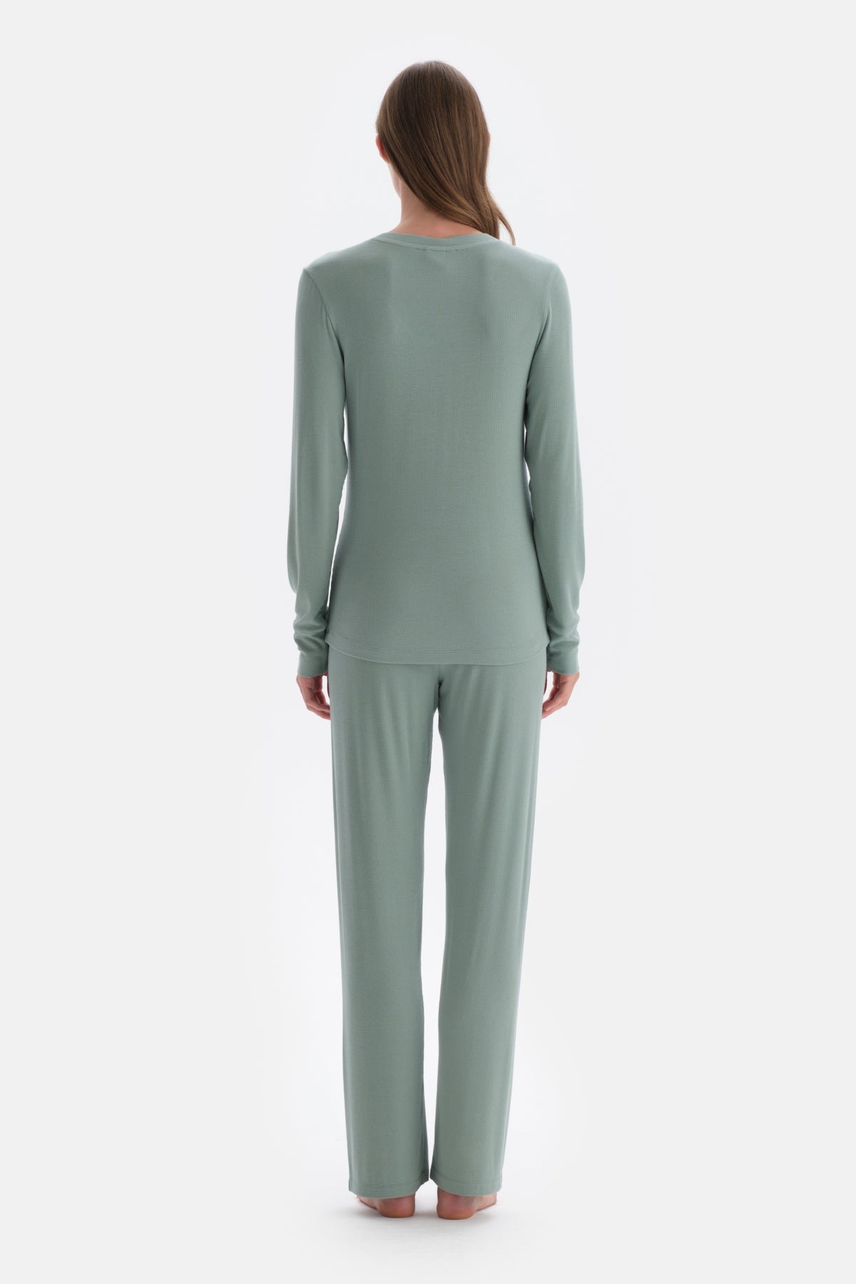 Green RIBBED VISCOSE KNITTED PAJAMAS SET