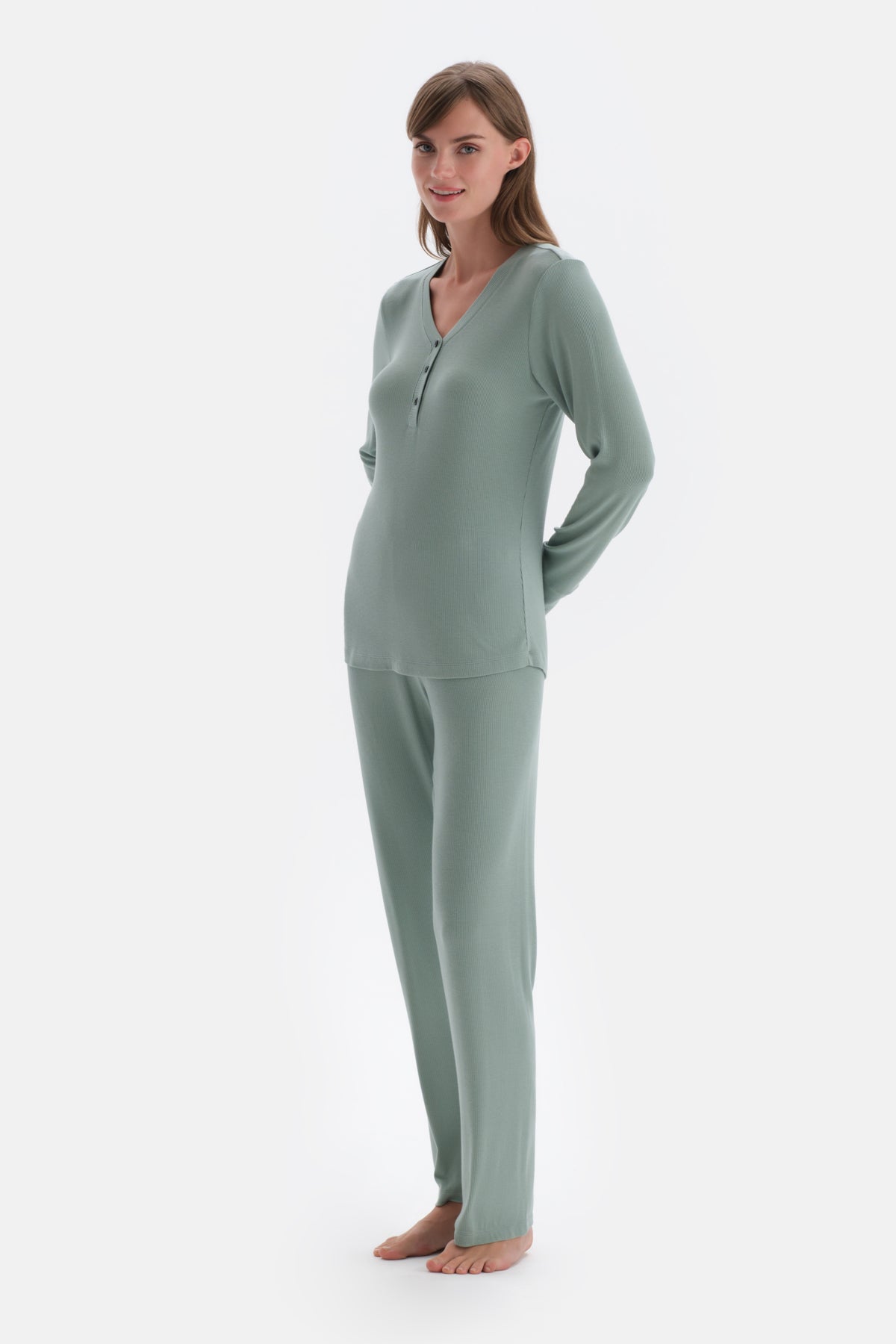 Green RIBBED VISCOSE KNITTED PAJAMAS SET