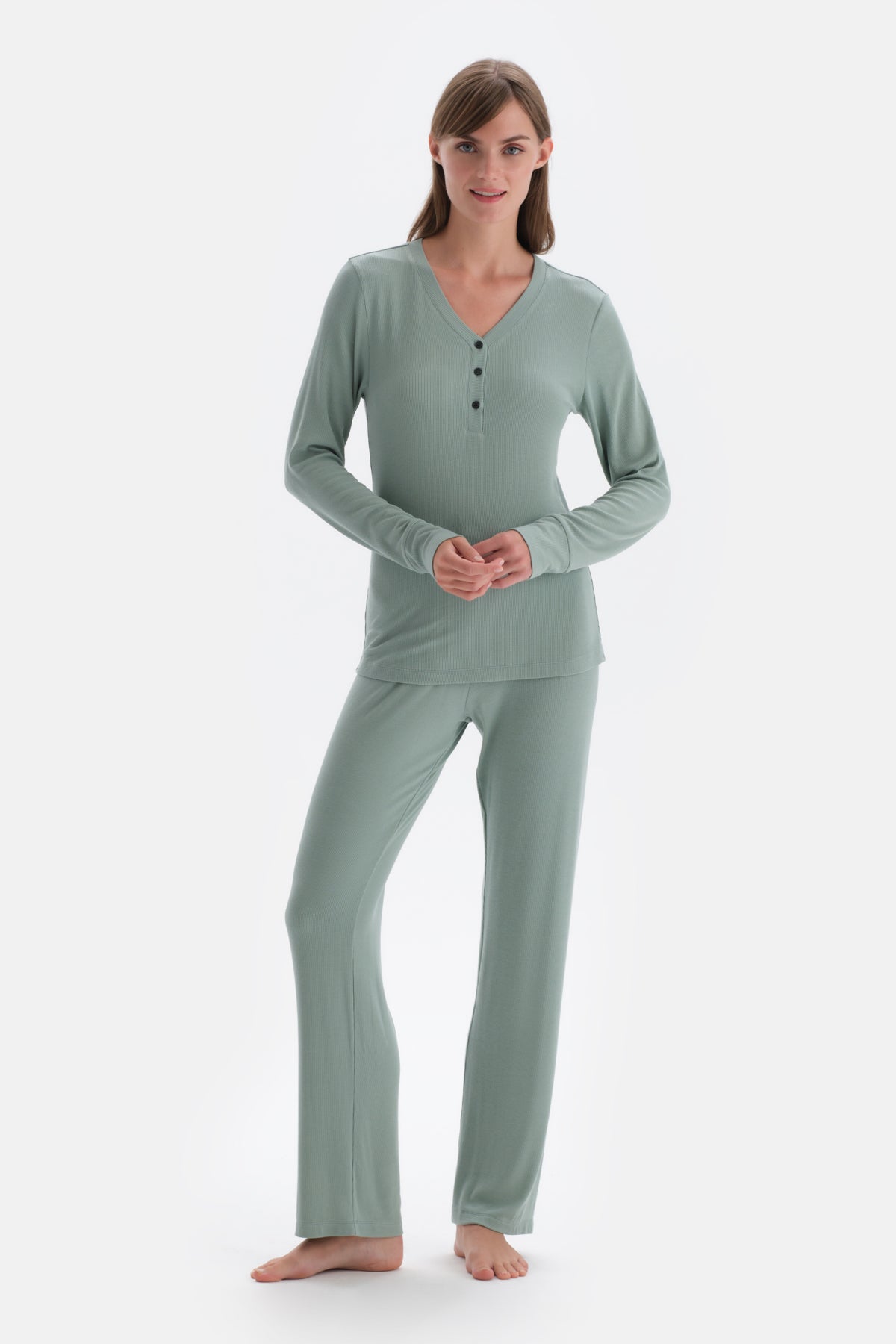 Green RIBBED VISCOSE KNITTED PAJAMAS SET