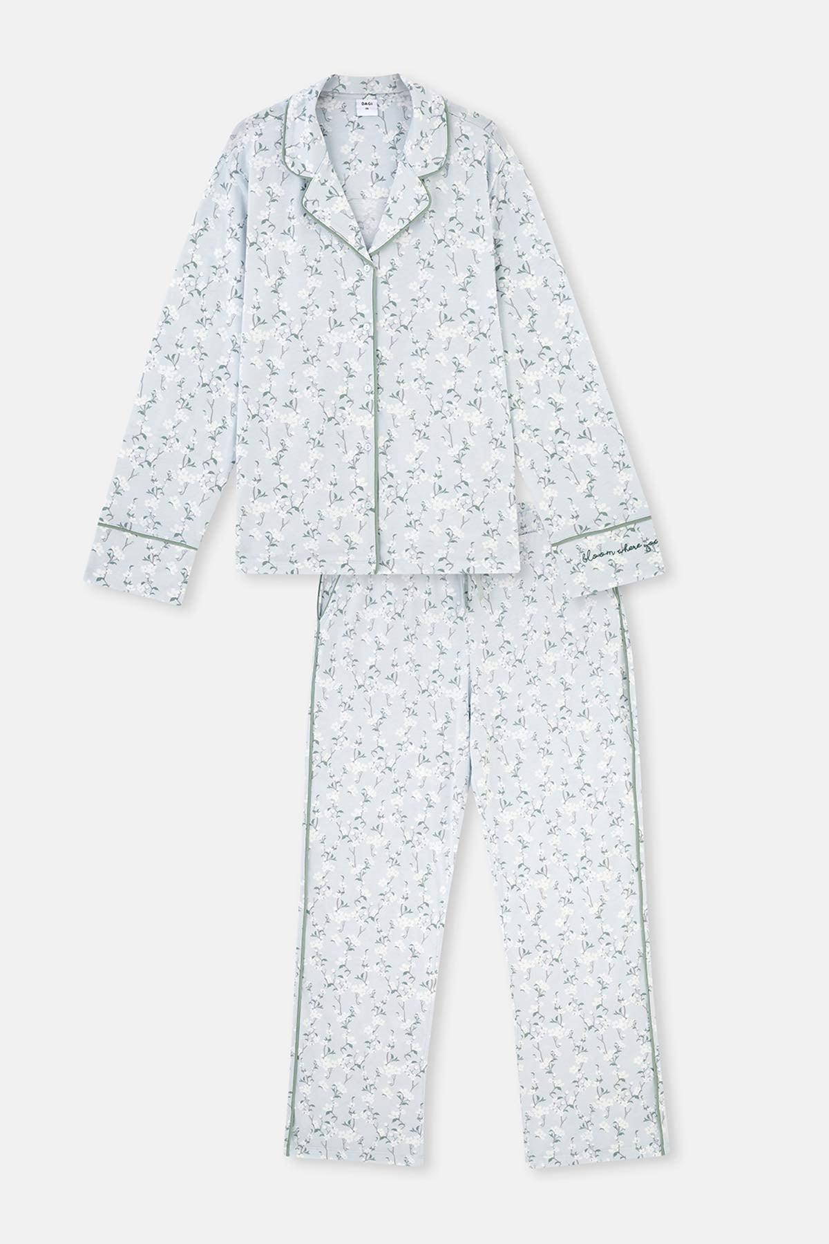 Turquoise SHIRT COLLAR FLORAL PATTERNED KNITTED PAJAMAS SUIT