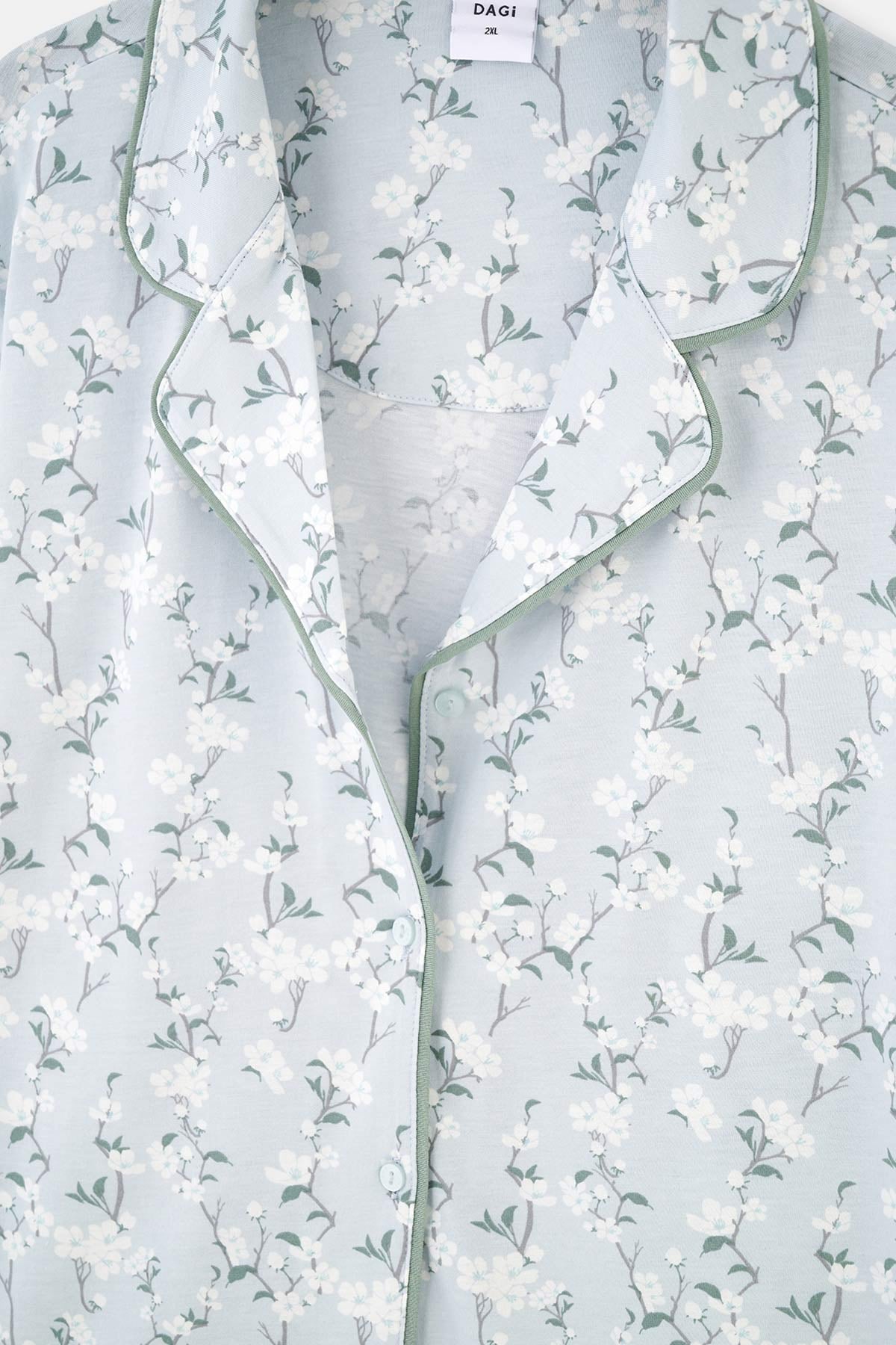 Turquoise SHIRT COLLAR FLORAL PATTERNED KNITTED PAJAMAS SUIT