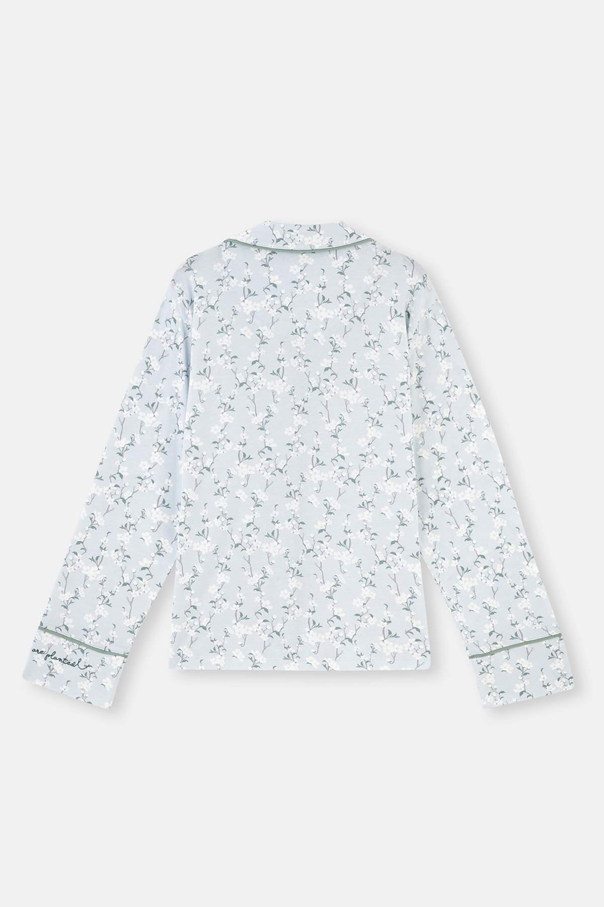 Turquoise SHIRT COLLAR FLORAL PATTERNED KNITTED PAJAMAS SUIT