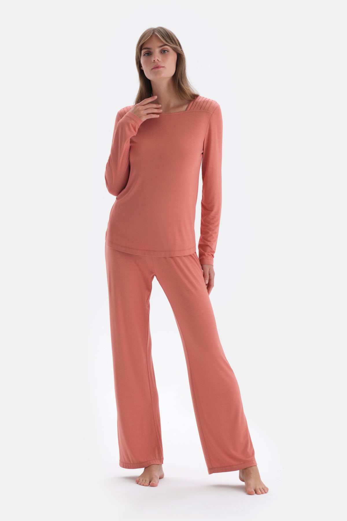 Terracotta COLLAR DETAILED LONG SLEEVE KNITTED PAJAMAS SUIT