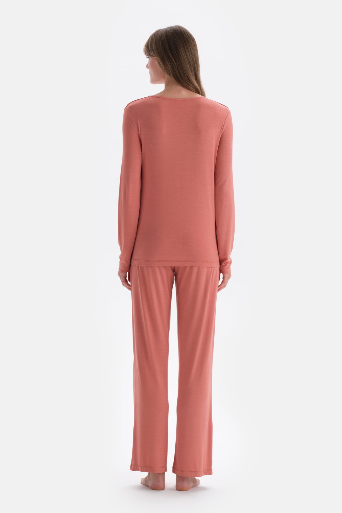 Terracotta COLLAR DETAILED LONG SLEEVE KNITTED PAJAMAS SUIT