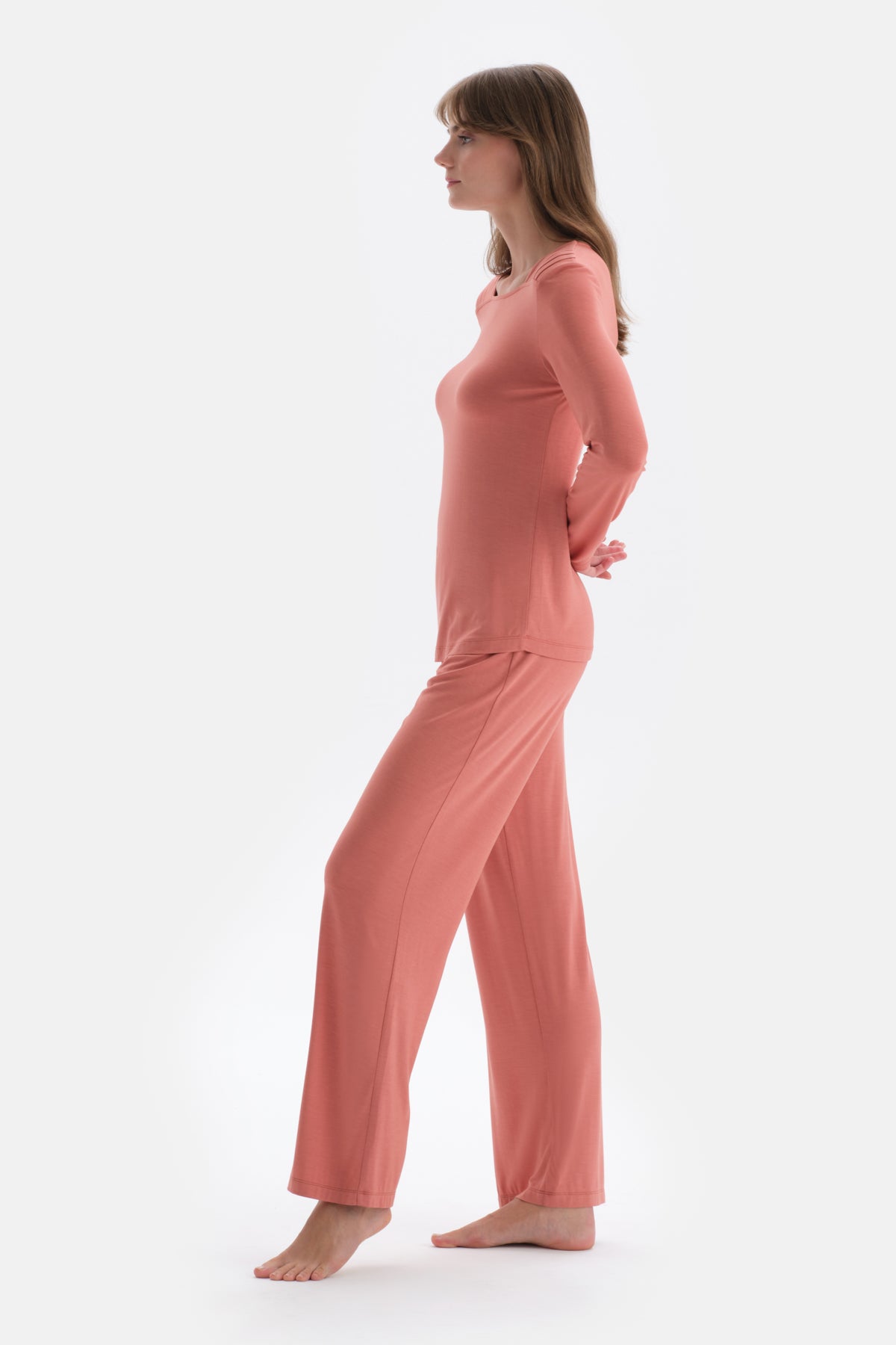 Terracotta COLLAR DETAILED LONG SLEEVE KNITTED PAJAMAS SUIT