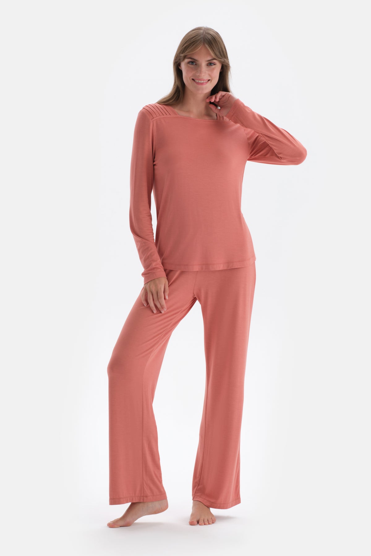 Terracotta COLLAR DETAILED LONG SLEEVE KNITTED PAJAMAS SUIT