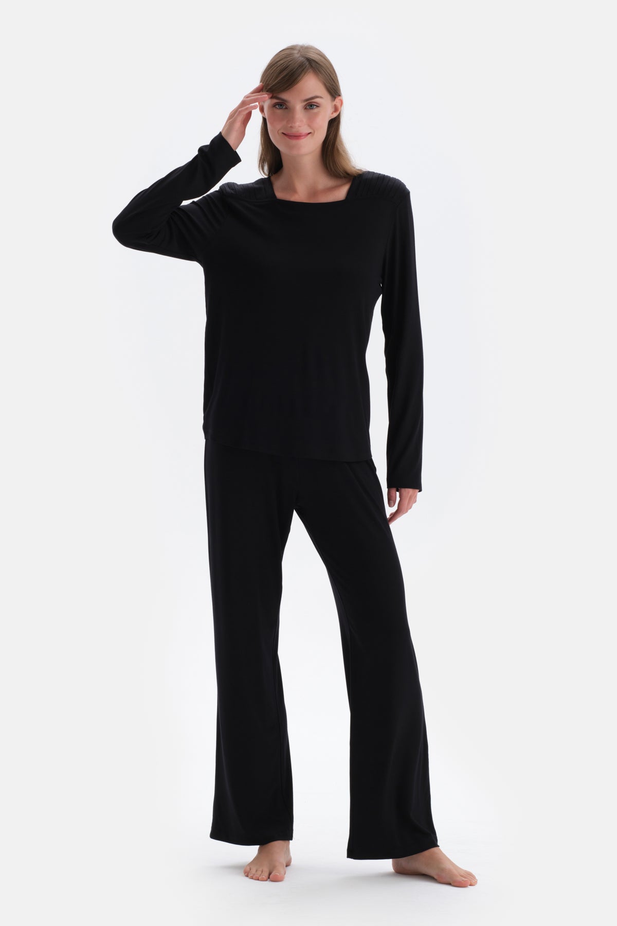 Black COLLAR DETAILED LONG SLEEVE KNITTED PAJAMAS SUIT