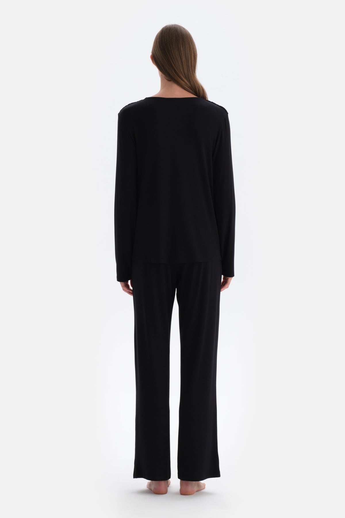 Black COLLAR DETAILED LONG SLEEVE KNITTED PAJAMAS SUIT