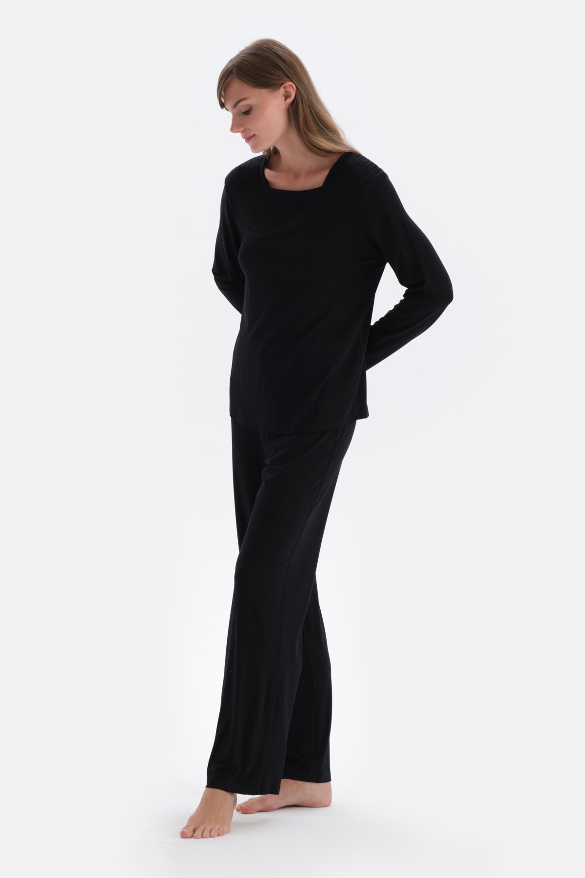 Black COLLAR DETAILED LONG SLEEVE KNITTED PAJAMAS SUIT