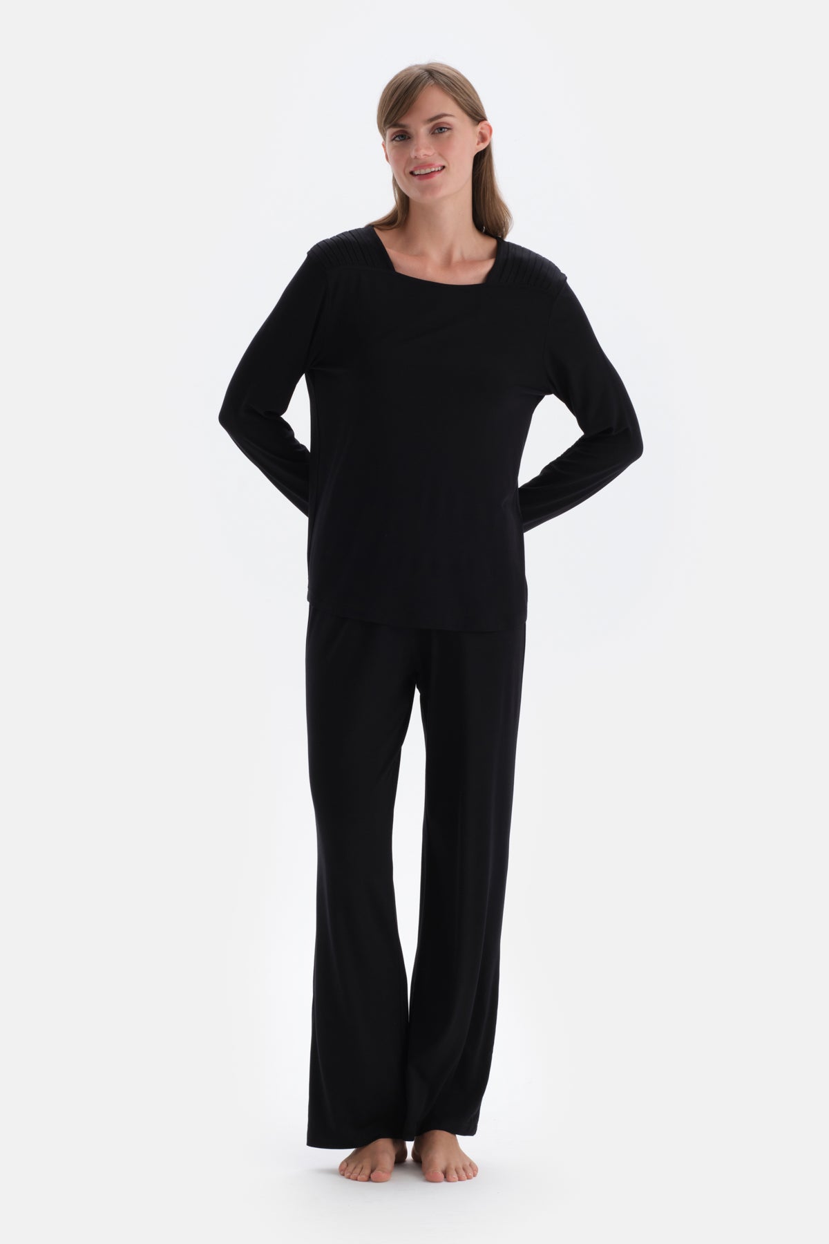 Black COLLAR DETAILED LONG SLEEVE KNITTED PAJAMAS SUIT