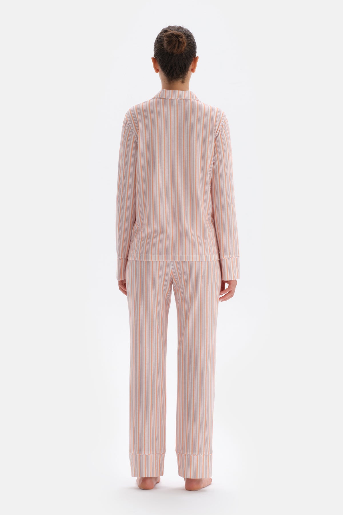 MULTICOLOR SIZE LINE PRINTED EMBROIDERY DETAILED SHIRT PANTS PAJAMAS SET